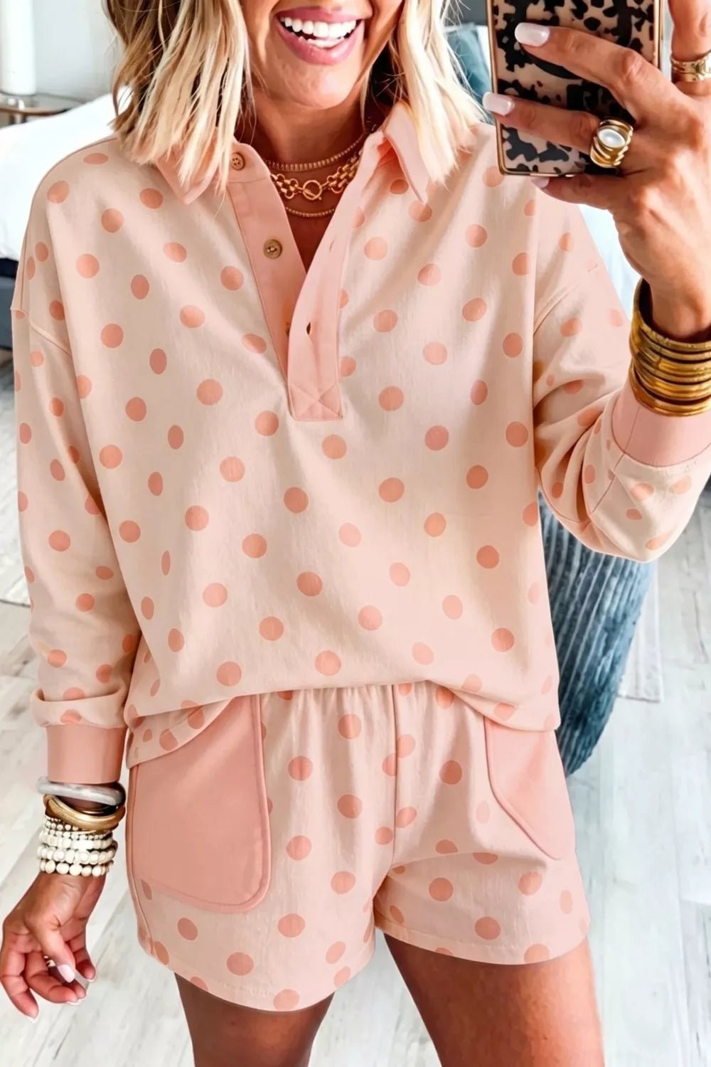 Polka Dot Drop Shoulder Polo Loose Pullover Patch Pocket Casual Shorts Set designed for comfort and style at Lookzlike
