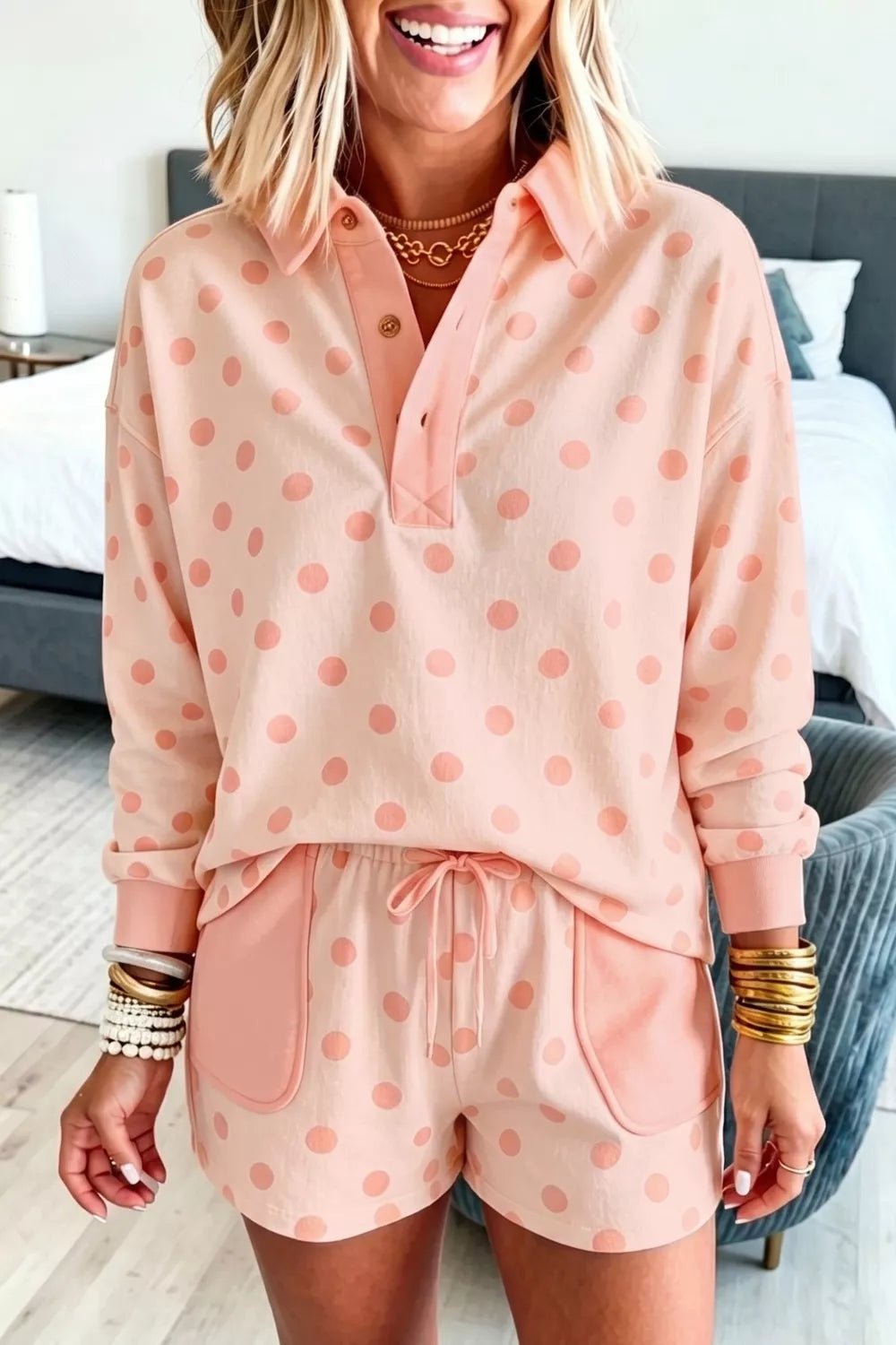 Polka Dot Drop Shoulder Polo Loose Pullover Patch Pocket Casual Shorts Set designed for comfort and style at Lookzlike