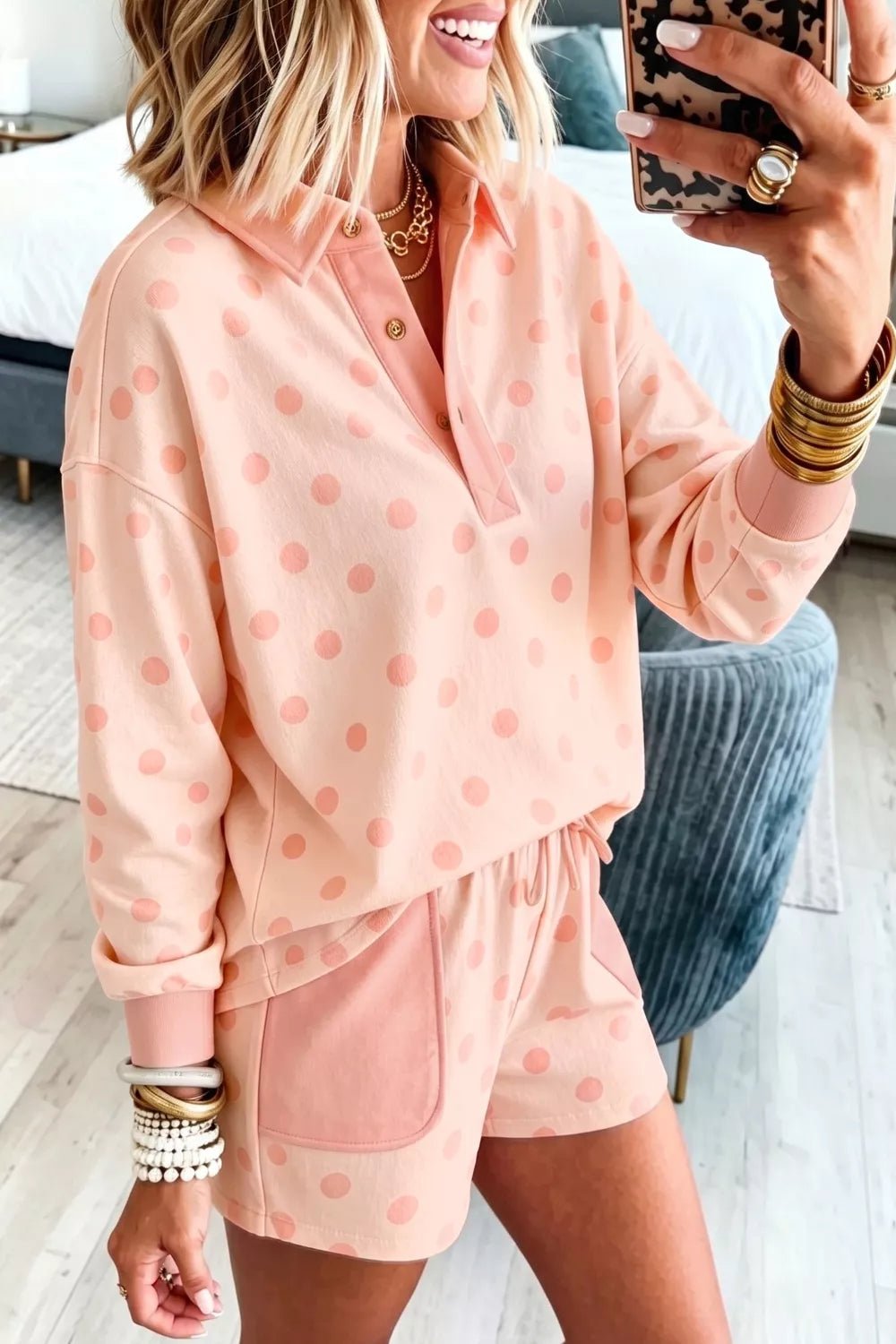 Polka Dot Drop Shoulder Polo Loose Pullover Patch Pocket Casual Shorts Set designed for comfort and style at Lookzlike