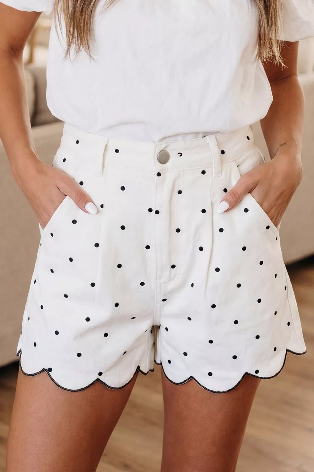 Polka Dot Scalloped Hem Shorts designed for comfort and style at Lookzlike