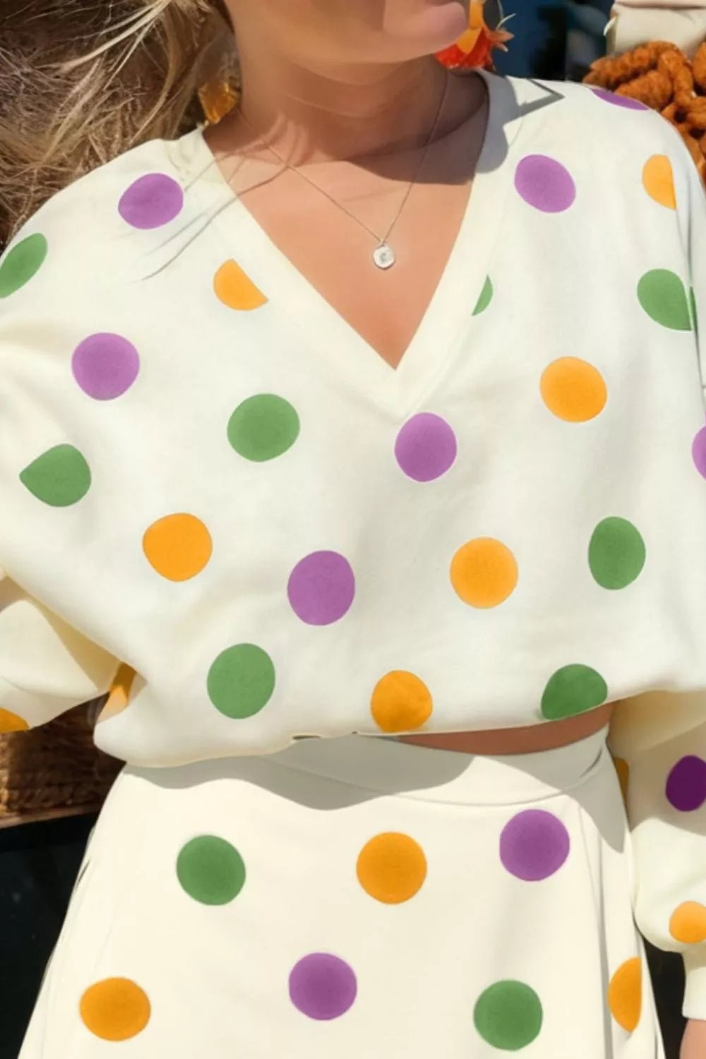 Polka Dot V-Neck Top and Skirt Set designed for comfort and style at Lookzlike