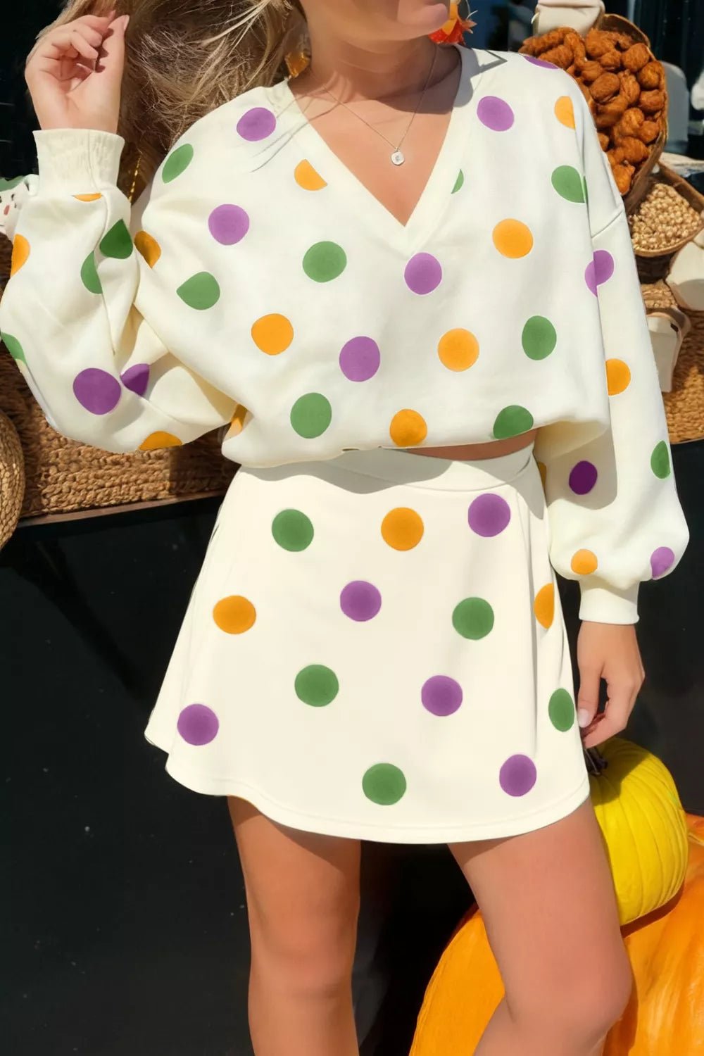 Polka Dot V-Neck Top and Skirt Set designed for comfort and style at Lookzlike