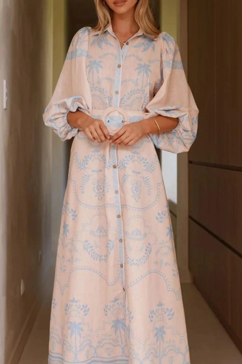 Printed Balloon Sleeve Maxi Shirt Dress - Lookzlike