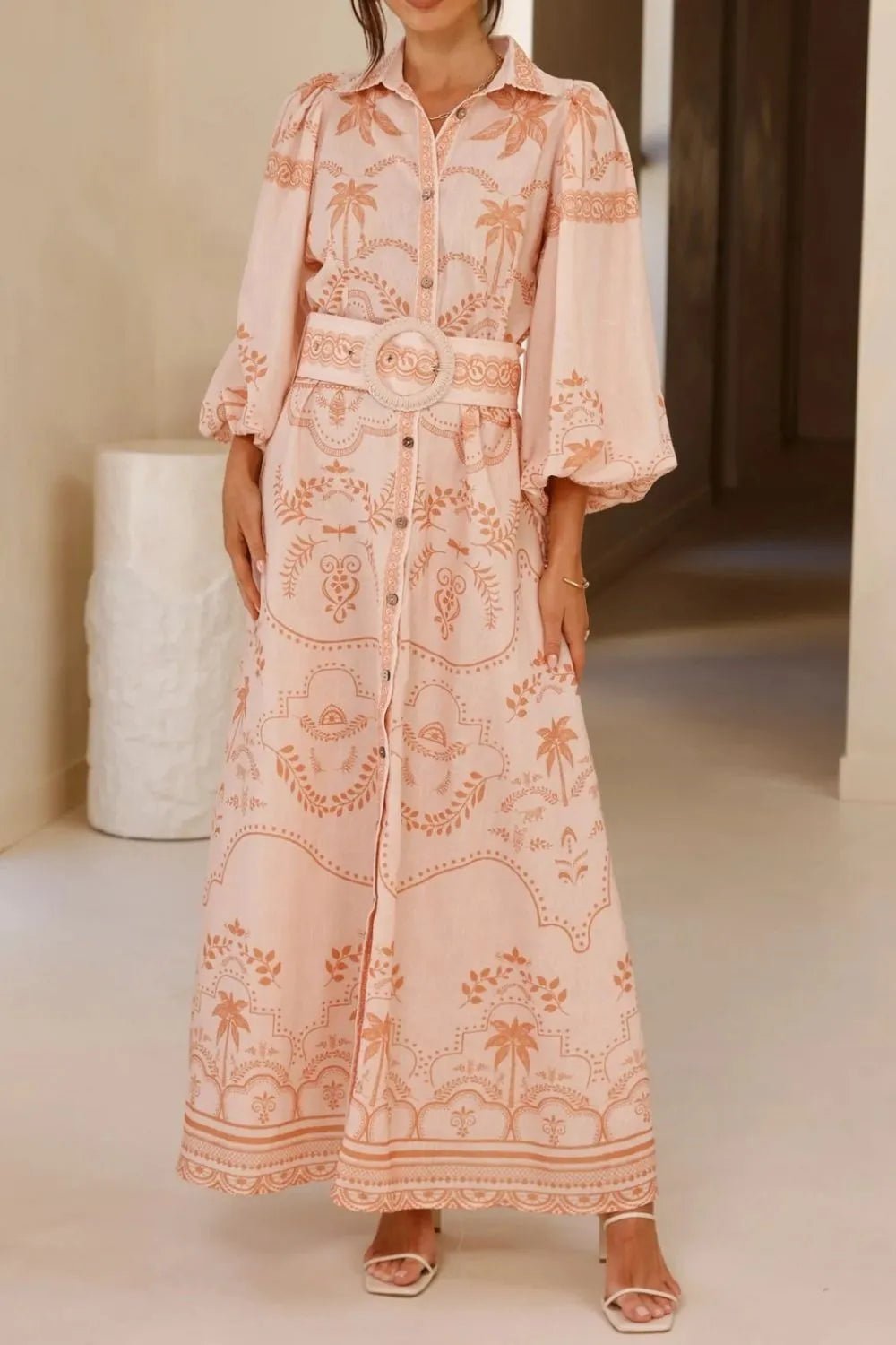 Printed Balloon Sleeve Maxi Shirt Dress - Lookzlike