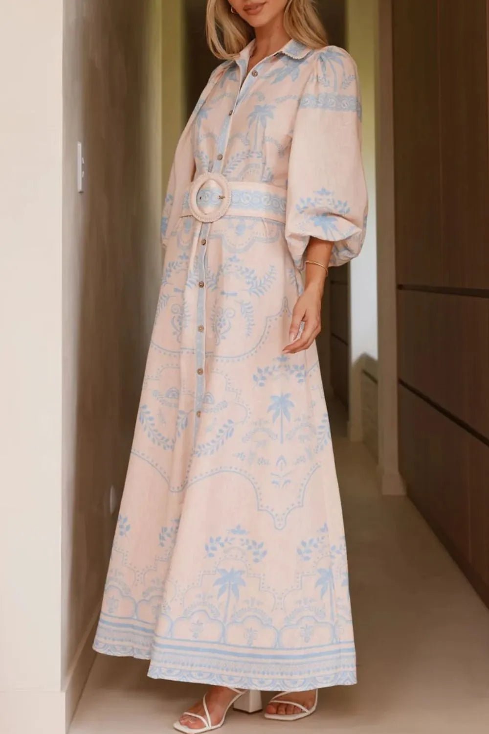 Printed Balloon Sleeve Maxi Shirt Dress - Lookzlike
