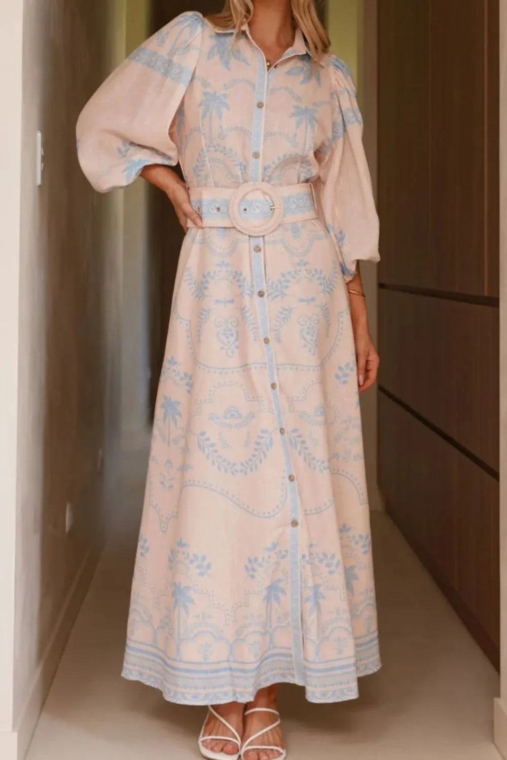 Printed Balloon Sleeve Maxi Shirt Dress - Lookzlike