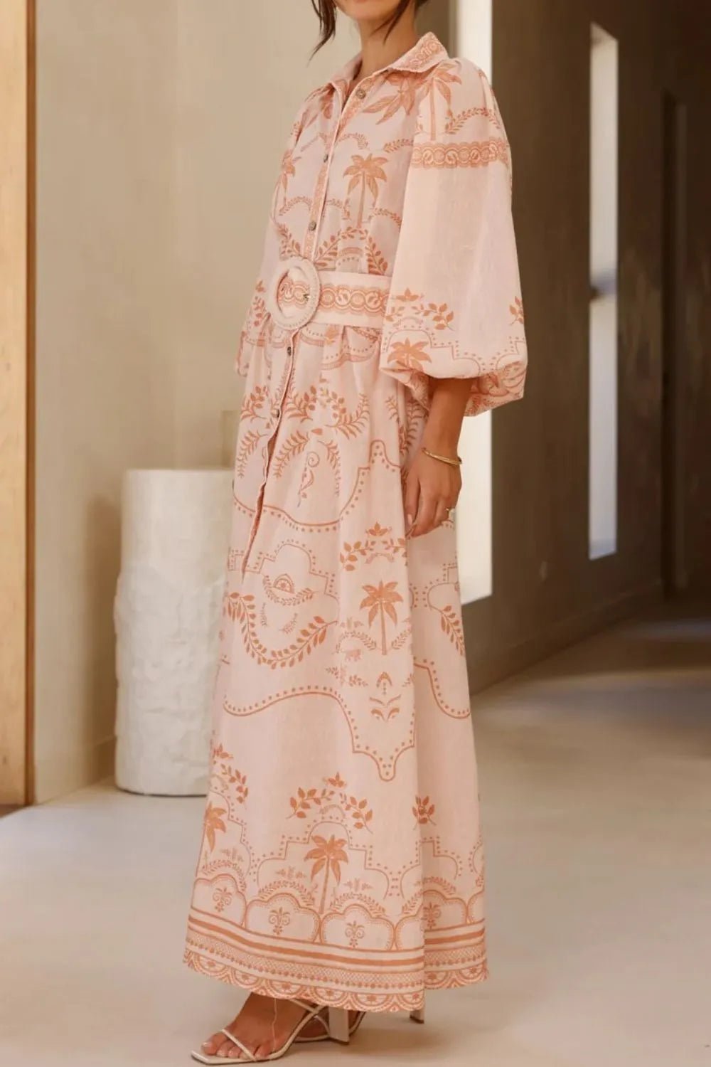 Printed Balloon Sleeve Maxi Shirt Dress - Lookzlike