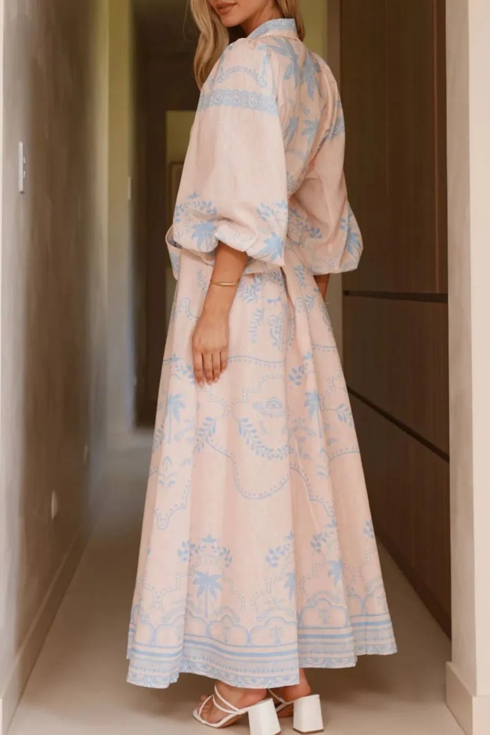 Printed Balloon Sleeve Maxi Shirt Dress - Lookzlike