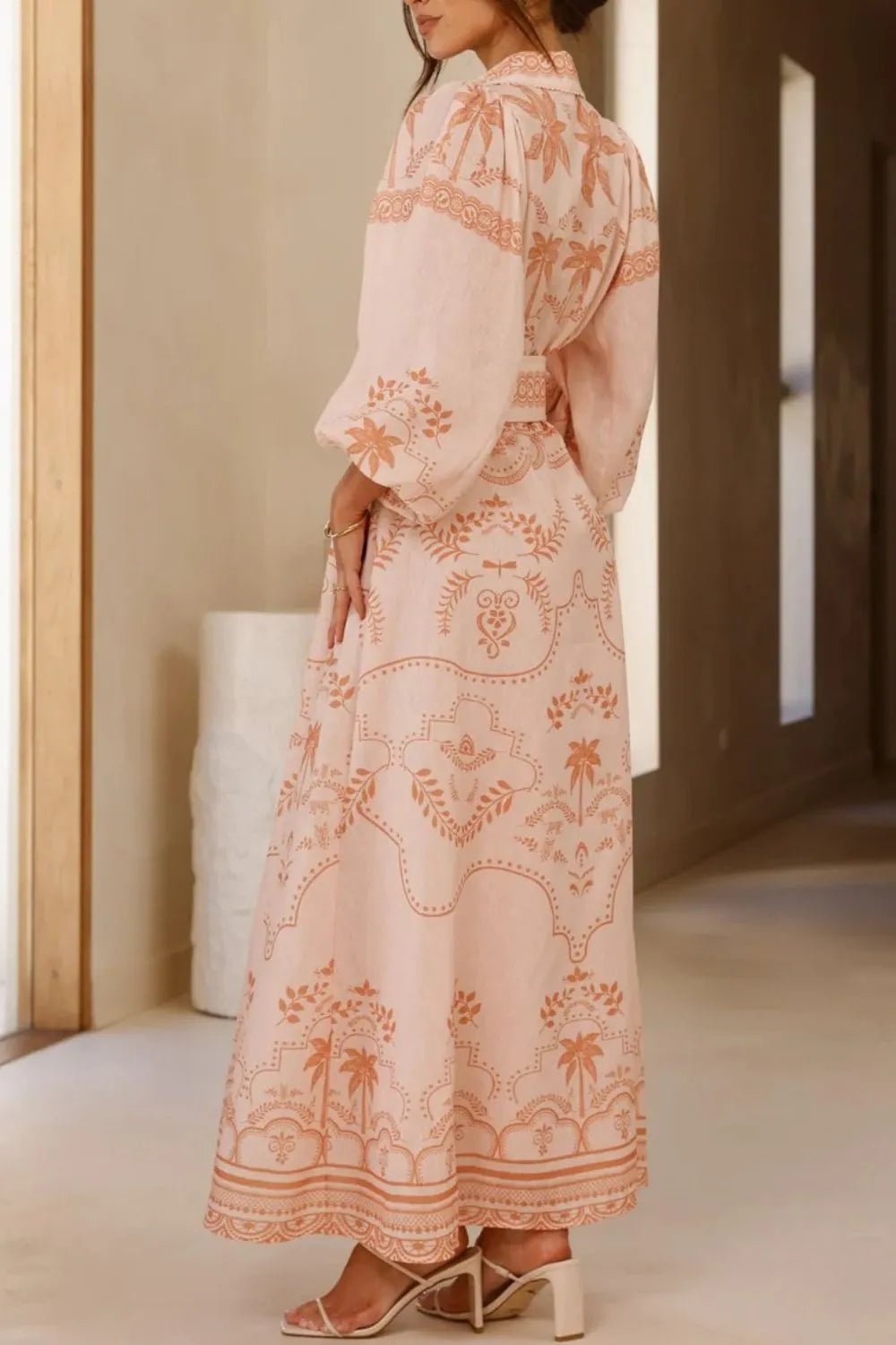 Printed Balloon Sleeve Maxi Shirt Dress - Lookzlike