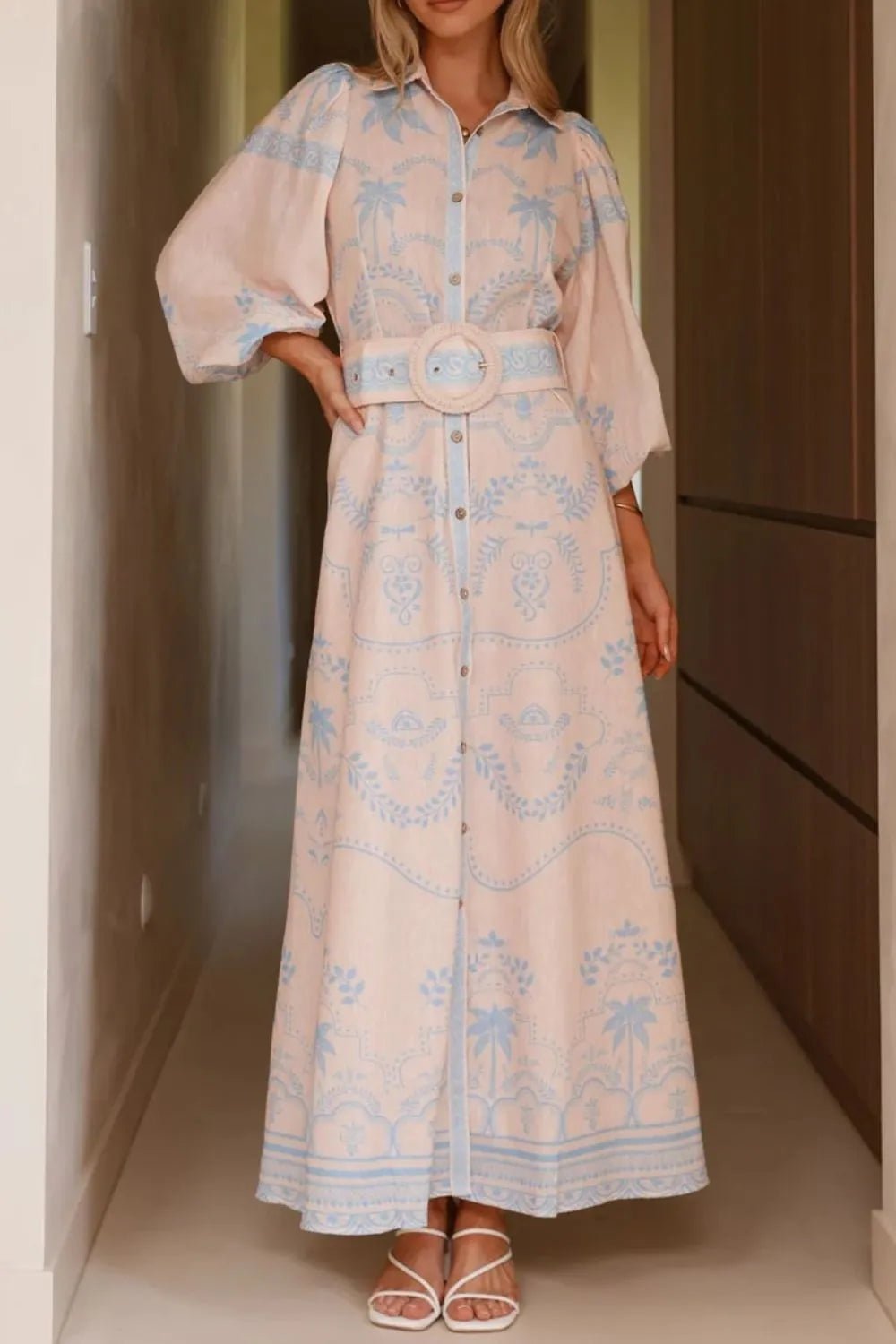 Printed Balloon Sleeve Maxi Shirt Dress - Lookzlike