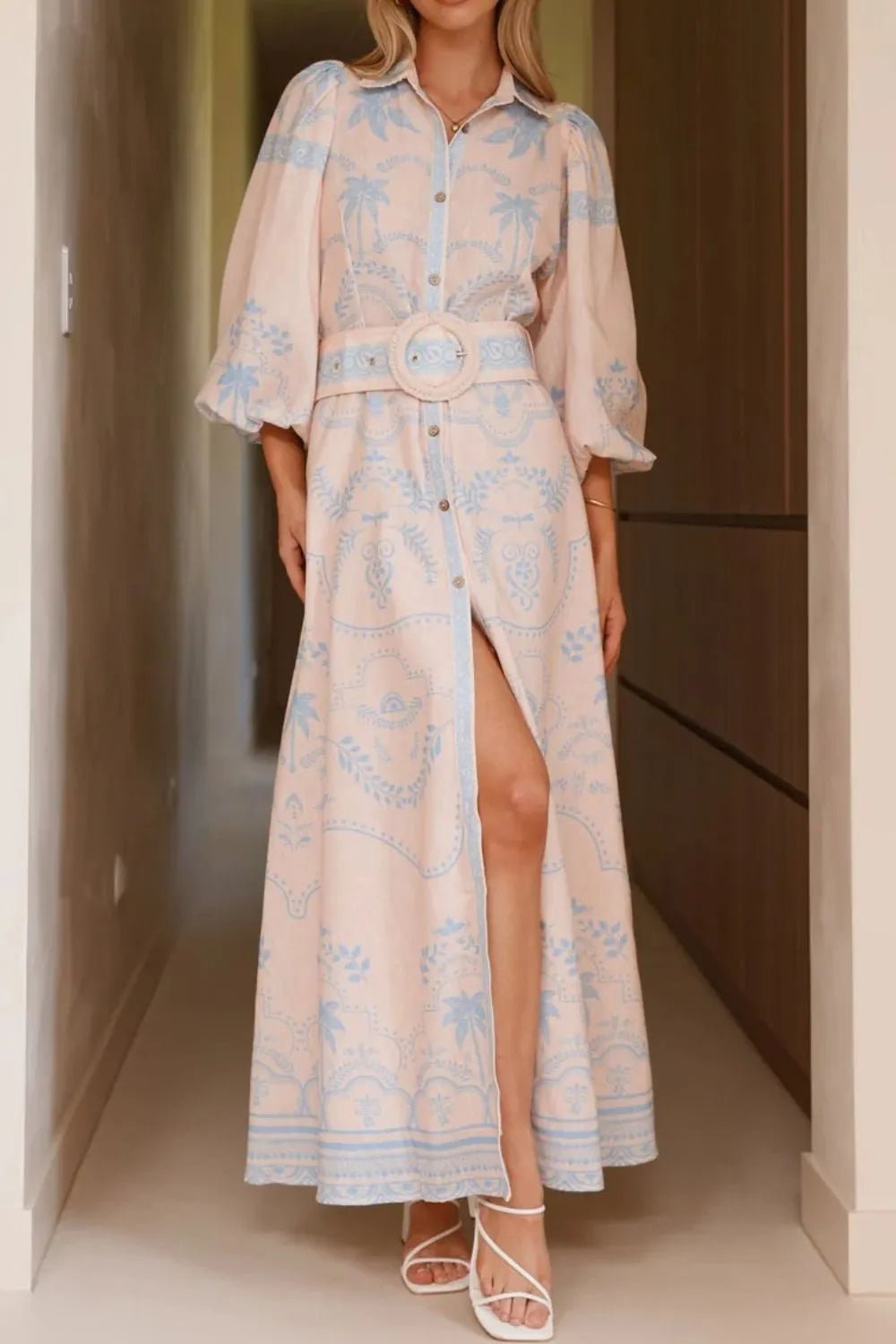 Printed Balloon Sleeve Maxi Shirt Dress - Lookzlike