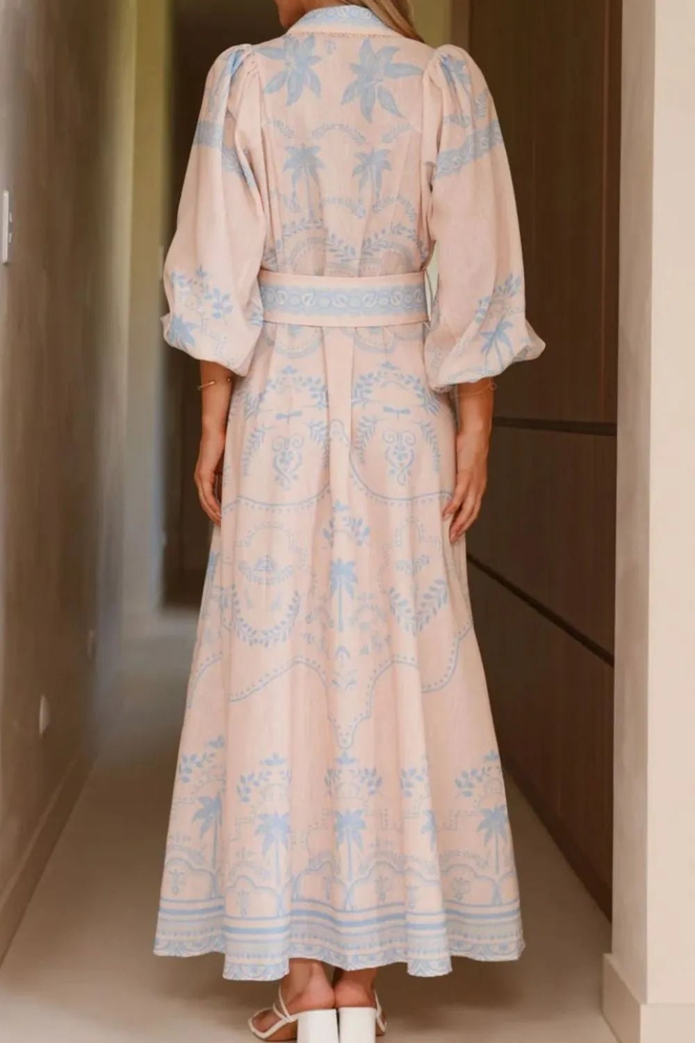 Printed Balloon Sleeve Maxi Shirt Dress - Lookzlike