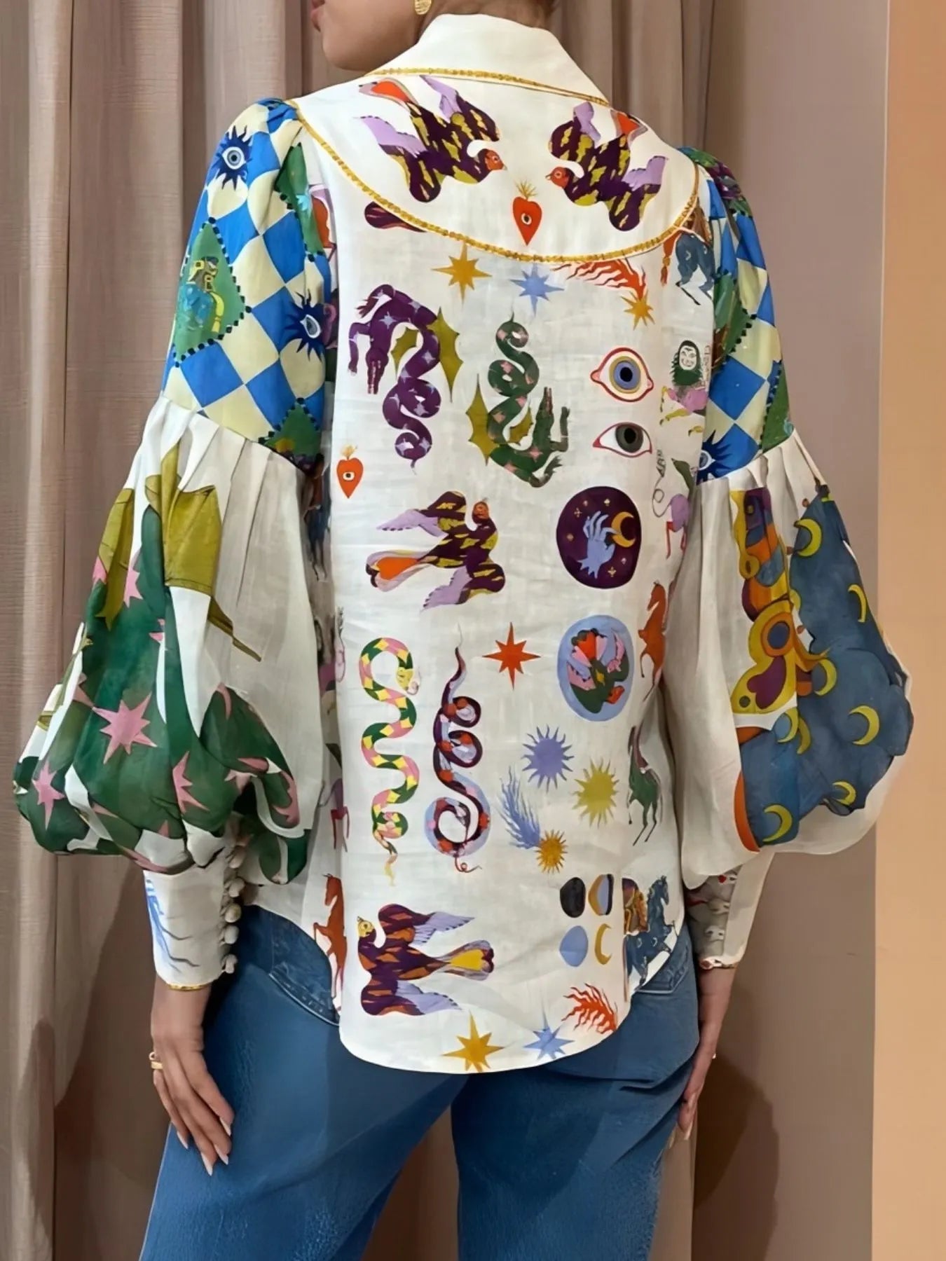 Printed Button Up Lantern Sleeve Shirt - Lookzlike