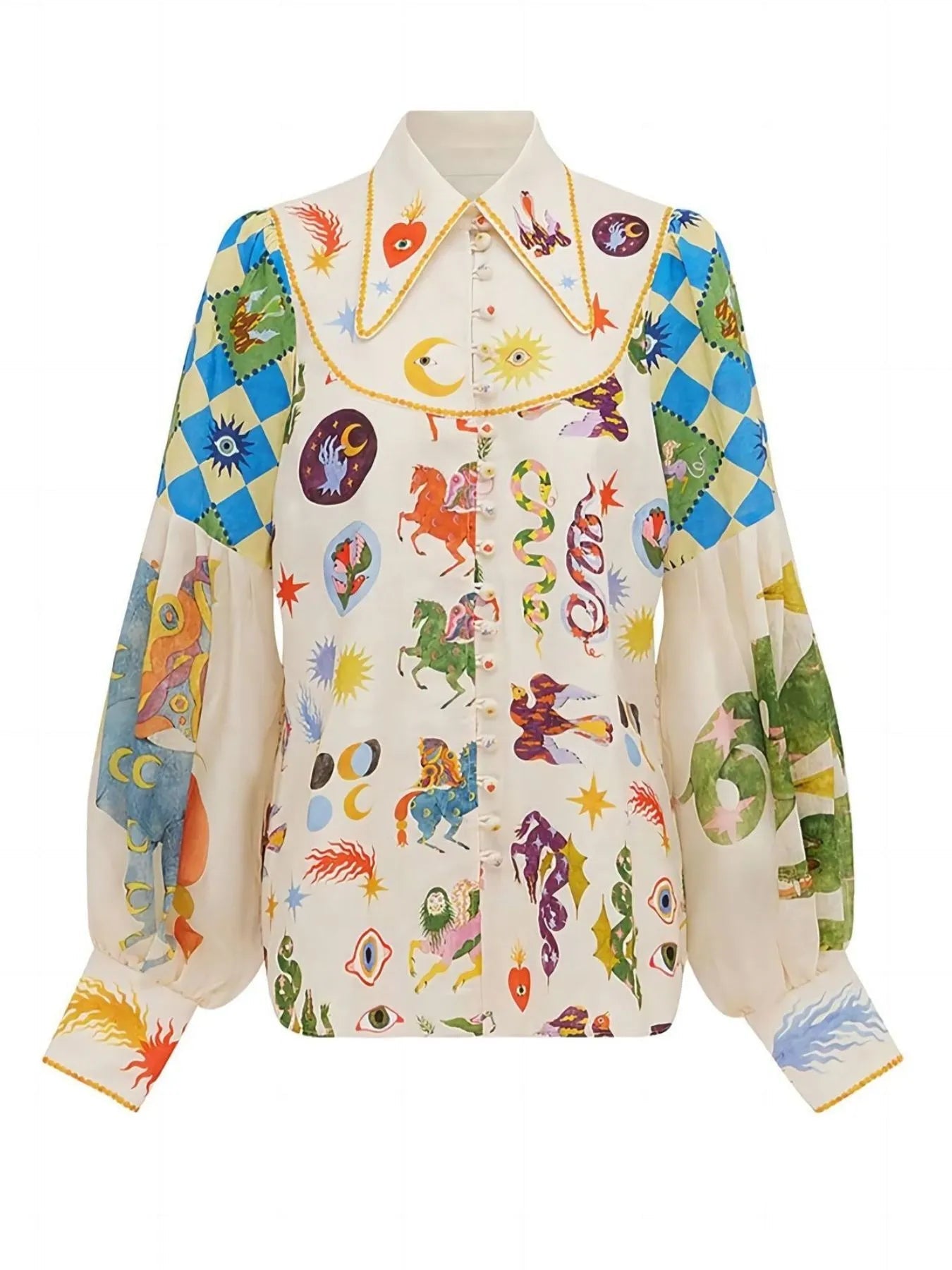 Printed Button Up Lantern Sleeve Shirt - Lookzlike