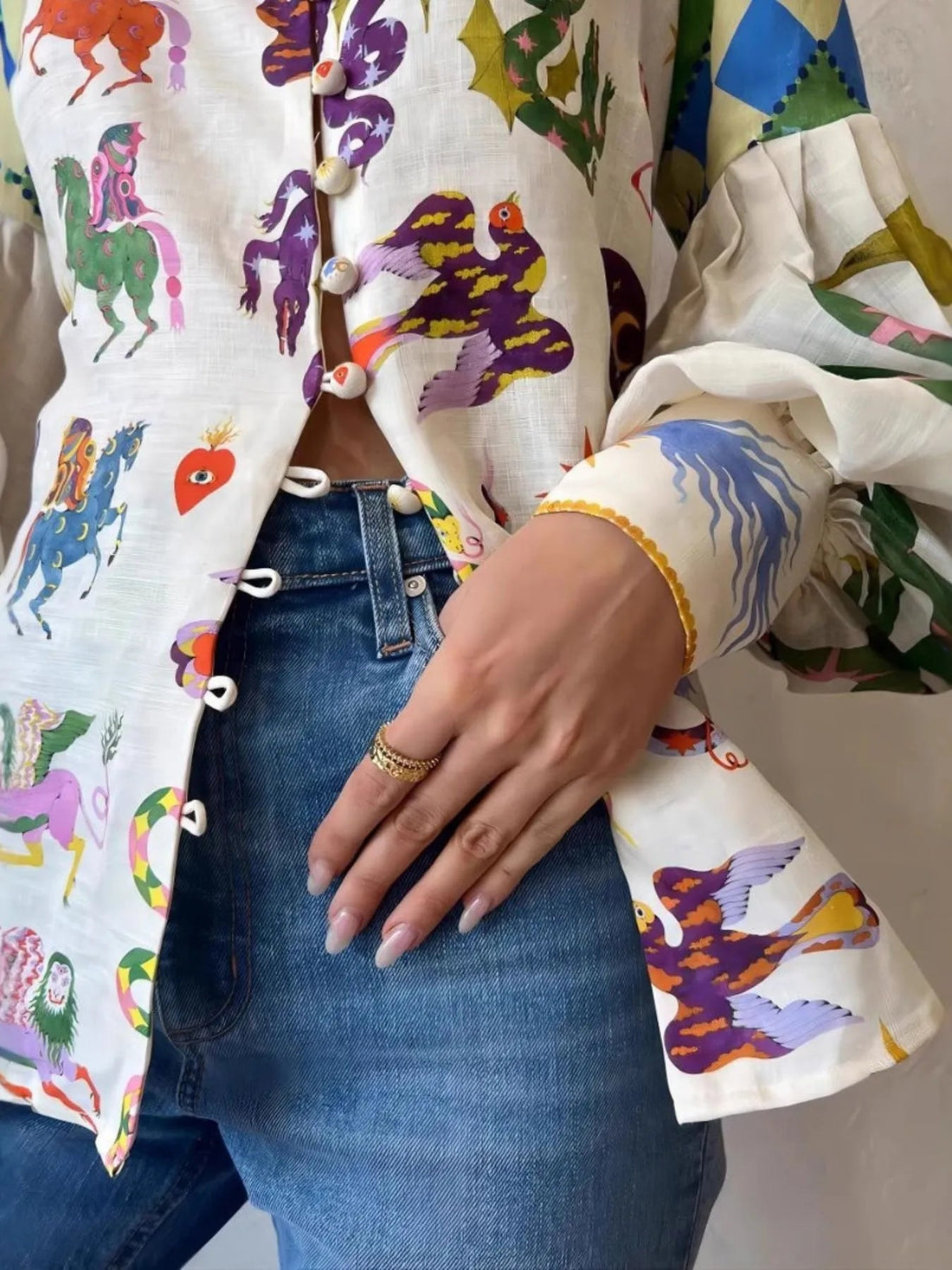 Printed Button Up Lantern Sleeve Shirt - Lookzlike