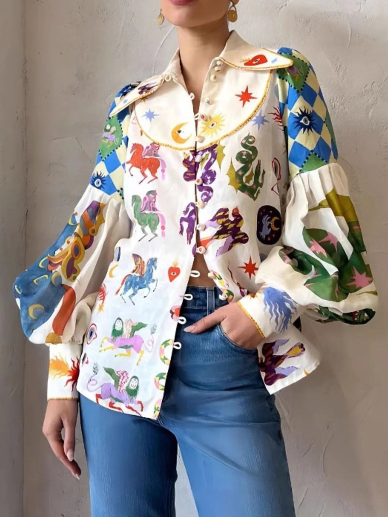 Printed Button Up Lantern Sleeve Shirt - Lookzlike