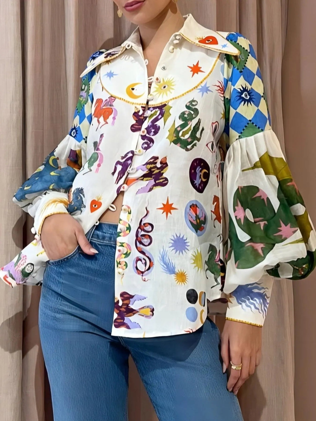 Printed Button Up Lantern Sleeve Shirt - Lookzlike