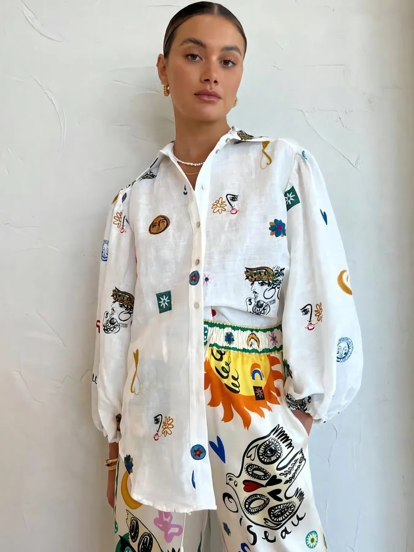Printed Button Up Long Sleeve Shirt - Lookzlike