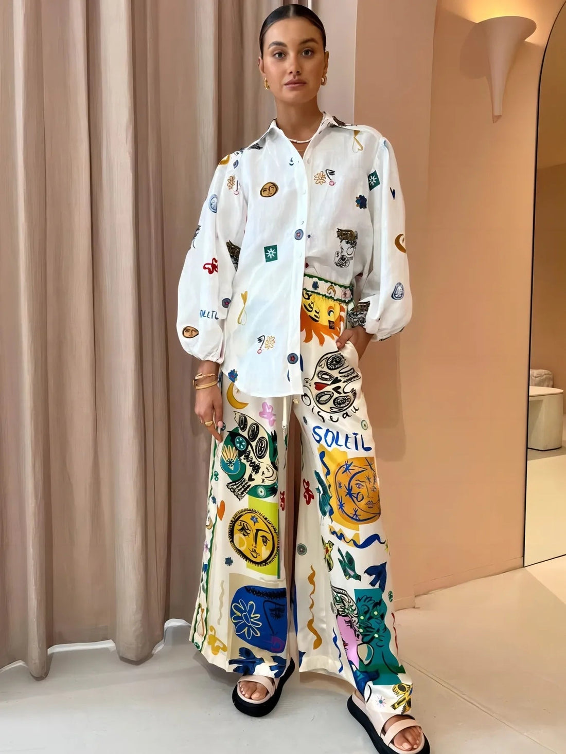 Printed Button Up Long Sleeve Shirt - Lookzlike
