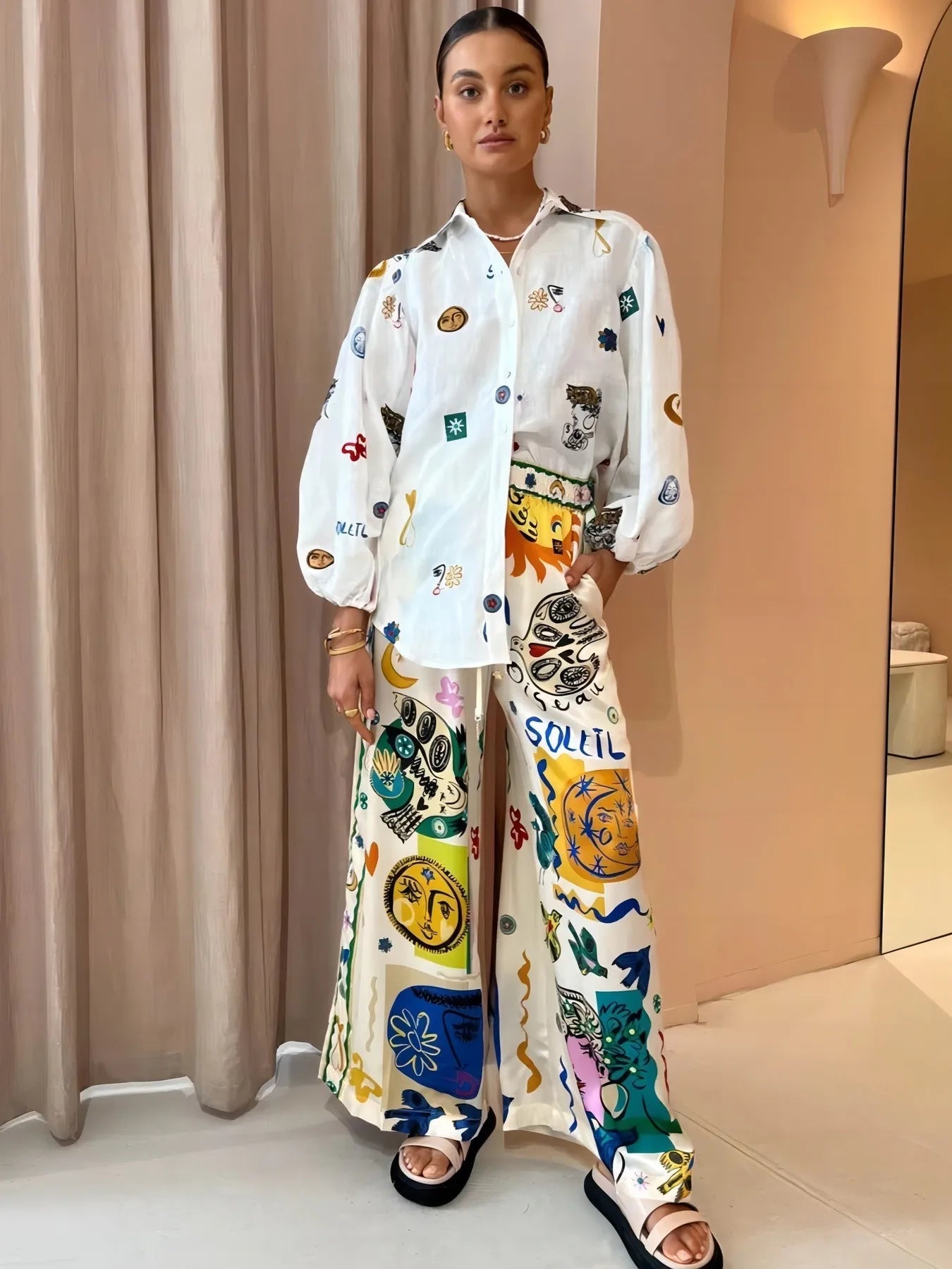 Printed Button Up Long Sleeve Shirt - Lookzlike