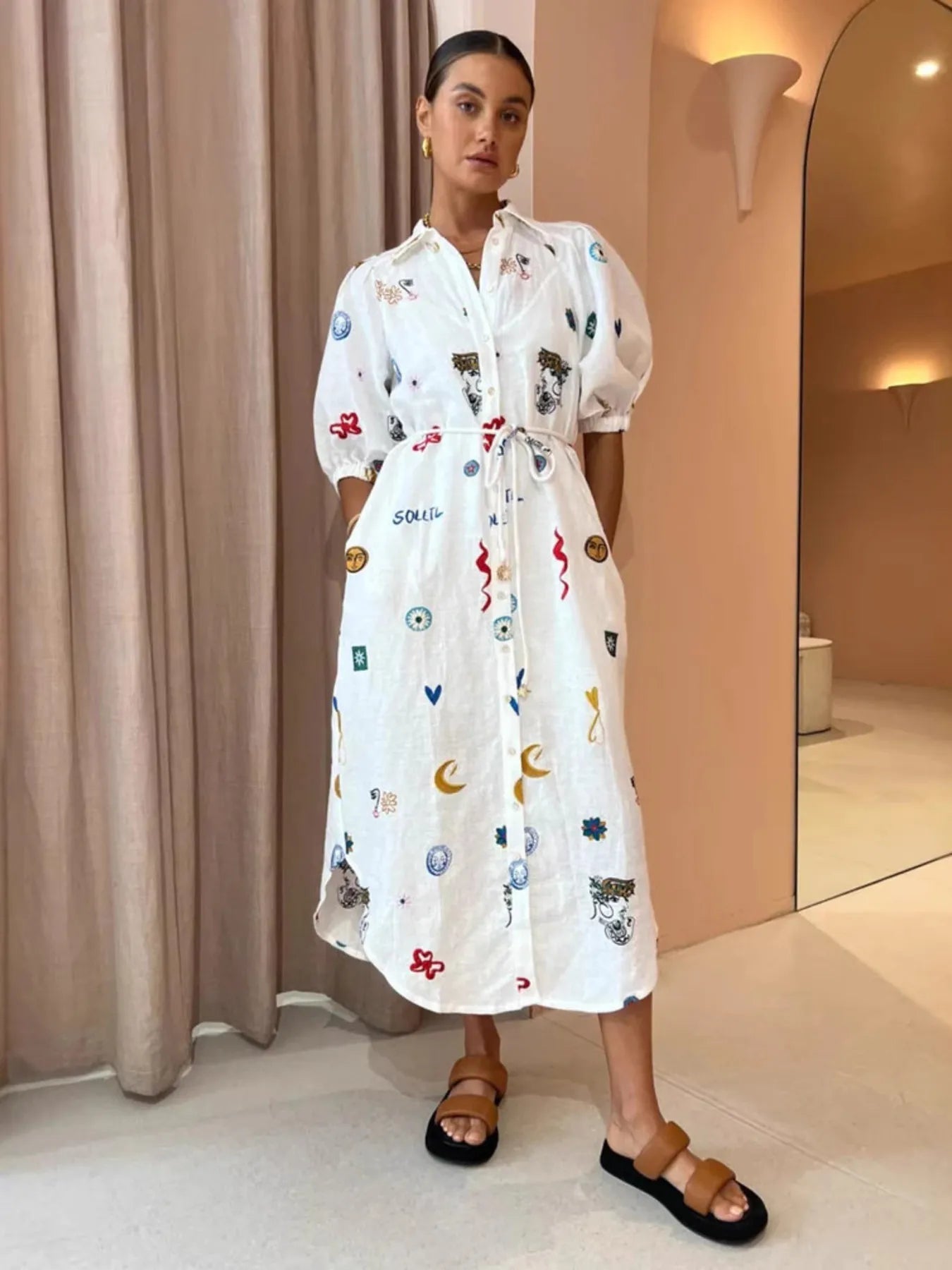 Printed Button Up Midi Shirt Dress - Lookzlike