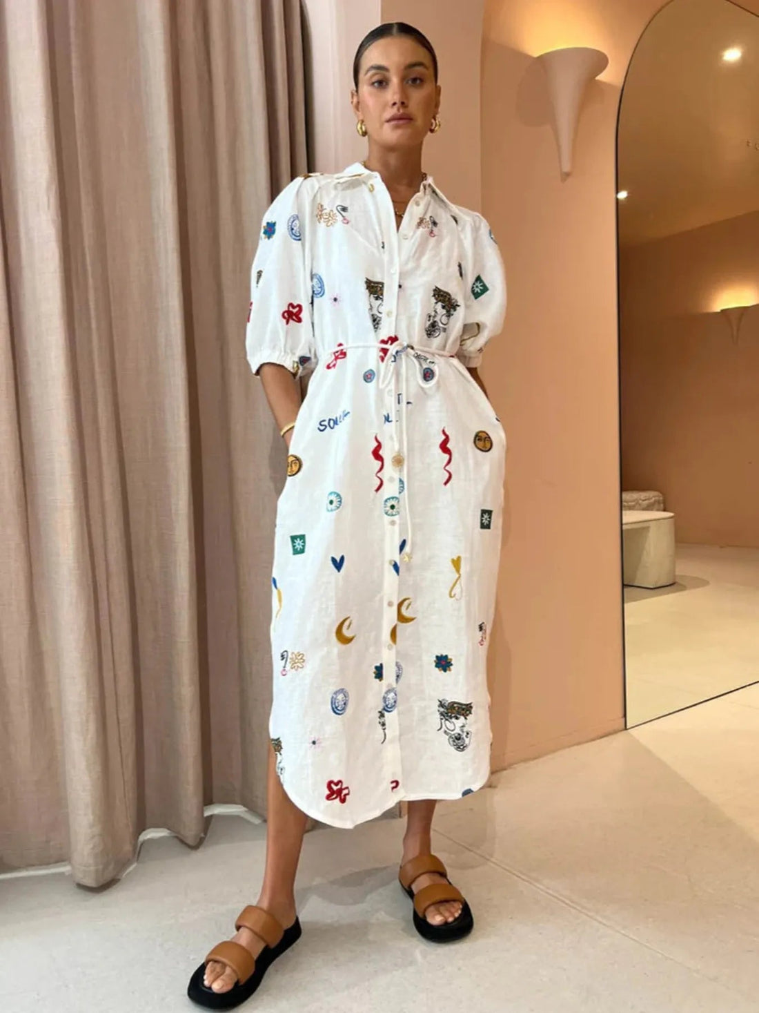 Printed Button Up Midi Shirt Dress - Lookzlike
