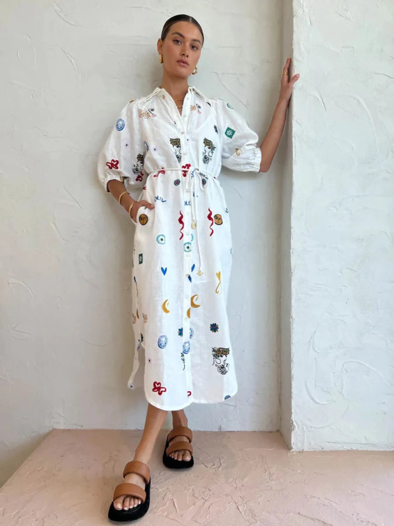 Printed Button Up Midi Shirt Dress - Lookzlike