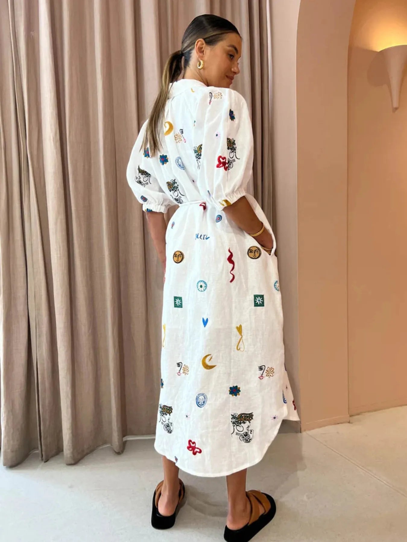 Printed Button Up Midi Shirt Dress - Lookzlike