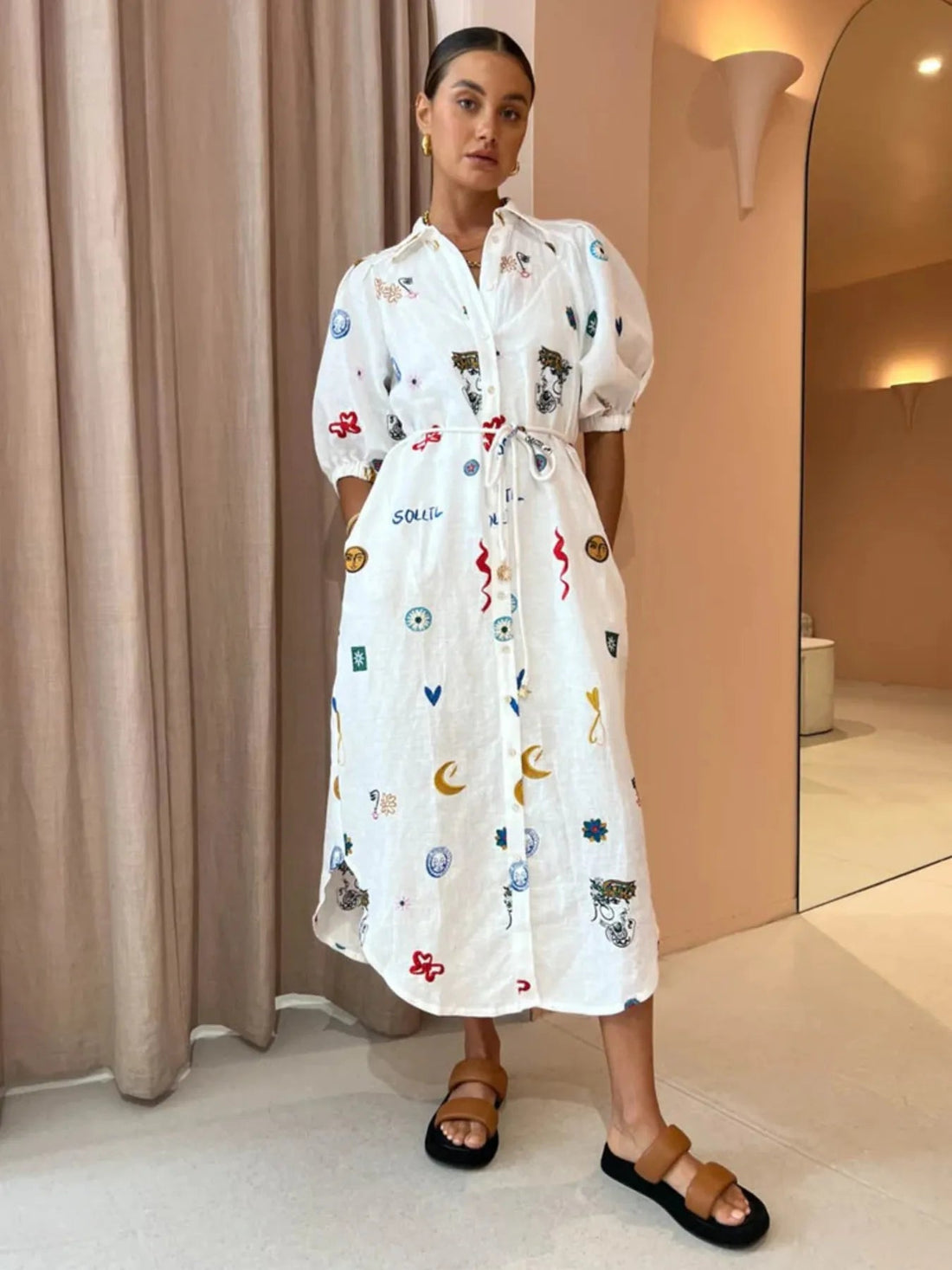 Printed Button Up Midi Shirt Dress - Lookzlike