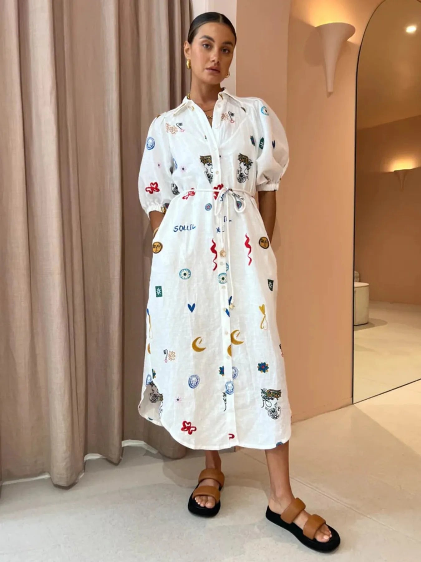 Printed Button Up Midi Shirt Dress - Lookzlike