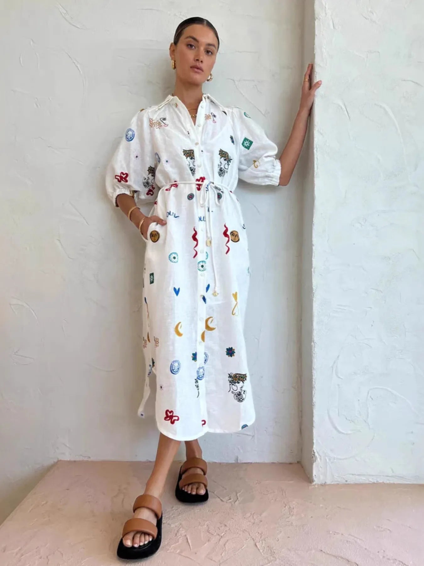 Printed Button Up Midi Shirt Dress - Lookzlike