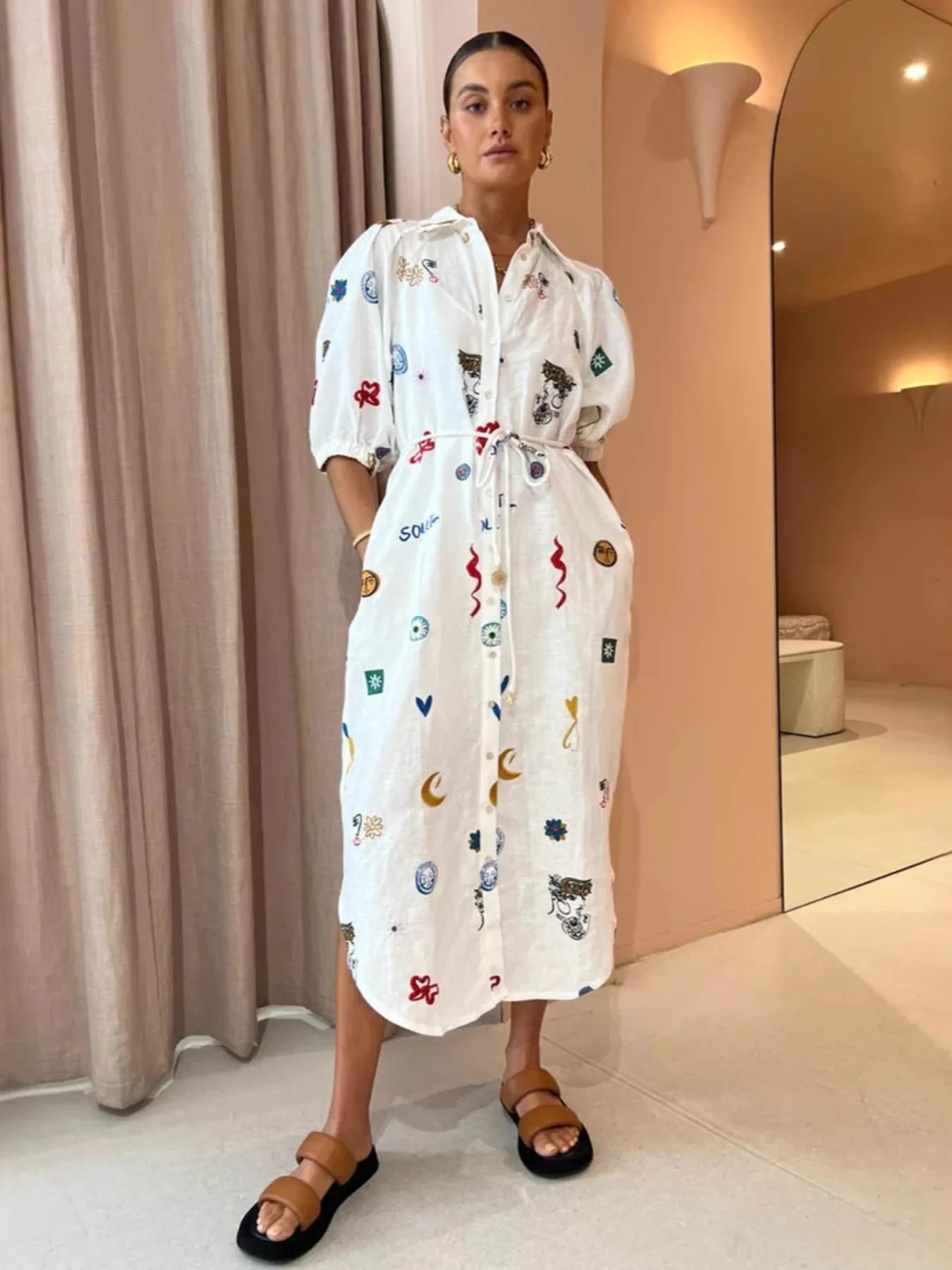 Printed Button Up Midi Shirt Dress - Lookzlike