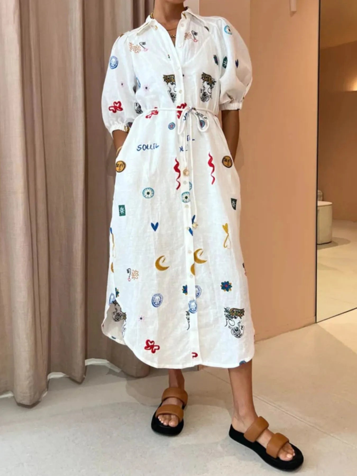Printed Button Up Midi Shirt Dress - Lookzlike
