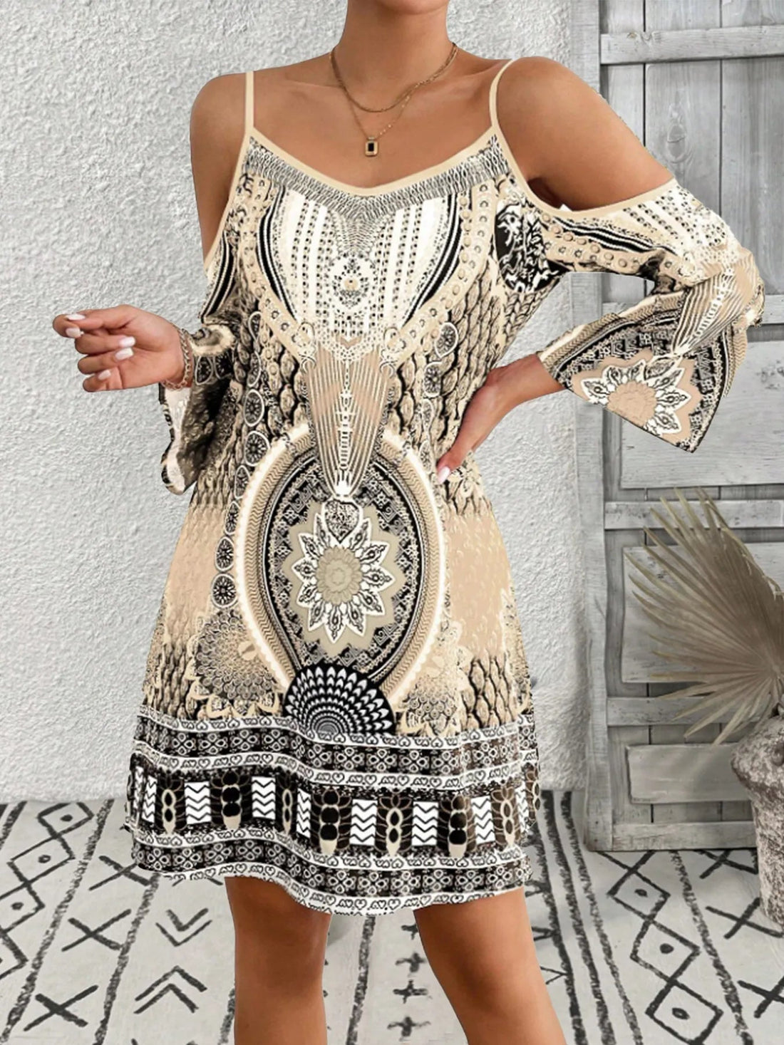 Printed Cold Shoulder Mini Dress designed for comfort and style at Lookzlike