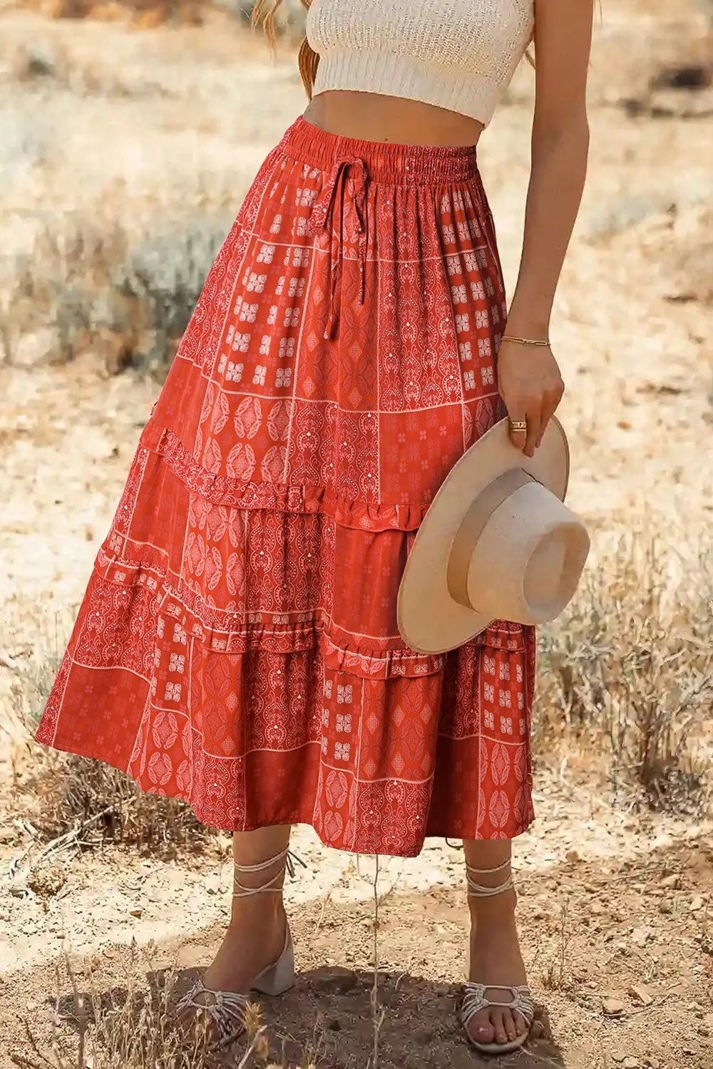 Printed Drawstring Midi Skirt - Lookzlike