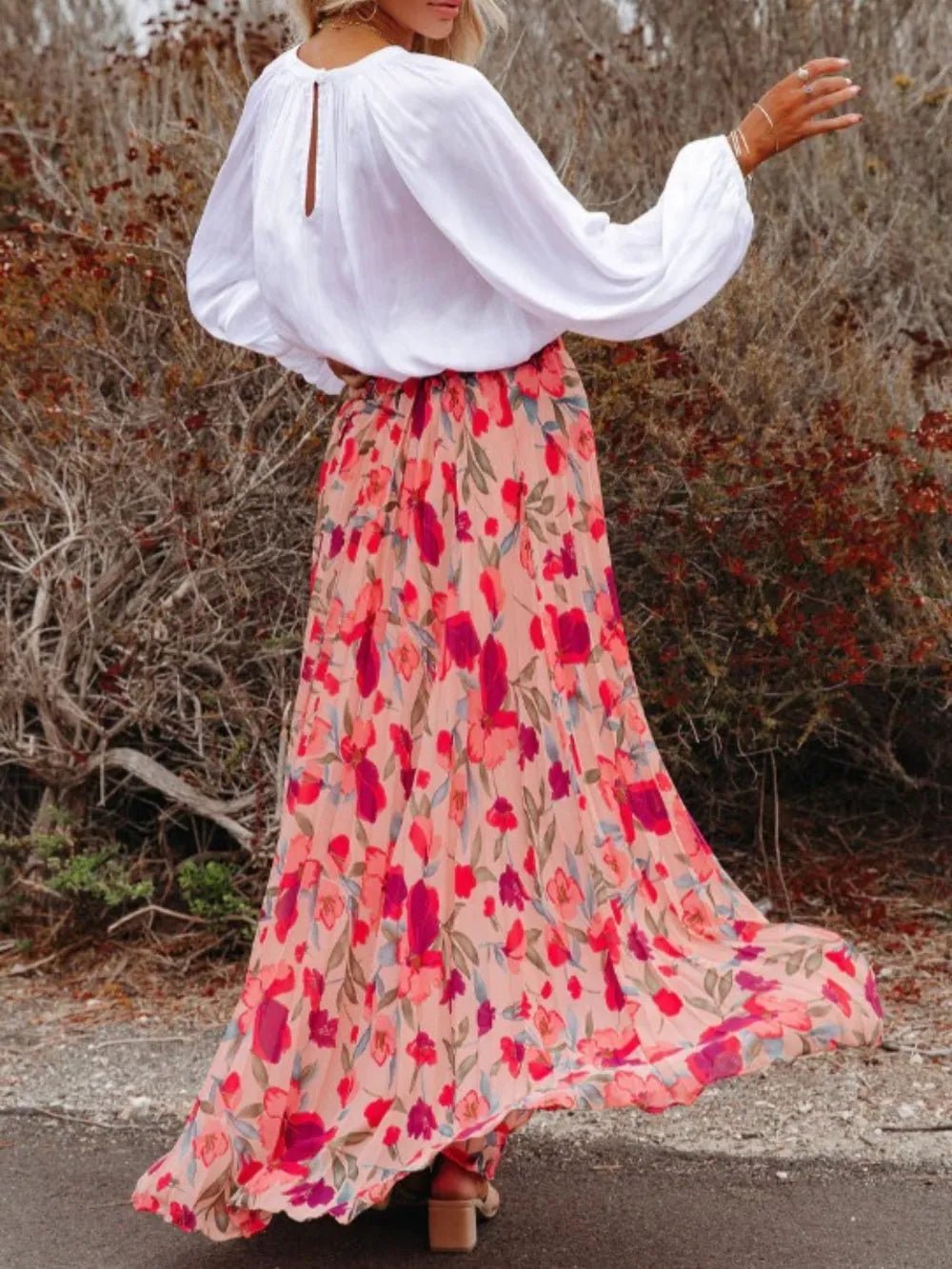 Printed Elastic Waist Pleated Maxi Skirt - Lookzlike