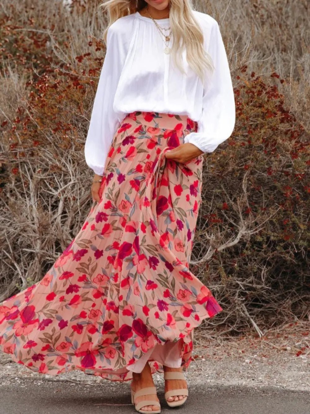 Printed Elastic Waist Pleated Maxi Skirt - Lookzlike