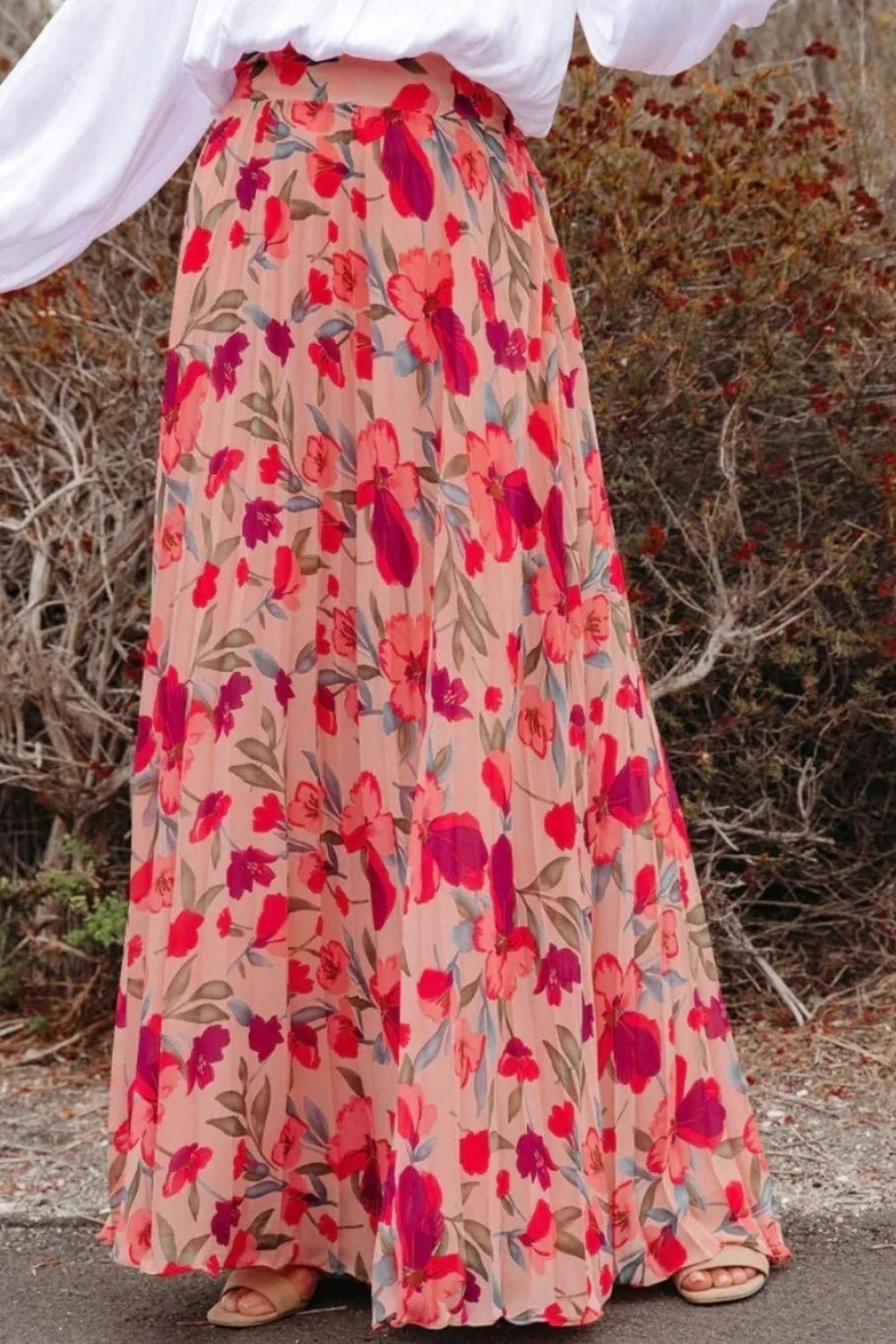 Printed Elastic Waist Pleated Maxi Skirt - Lookzlike