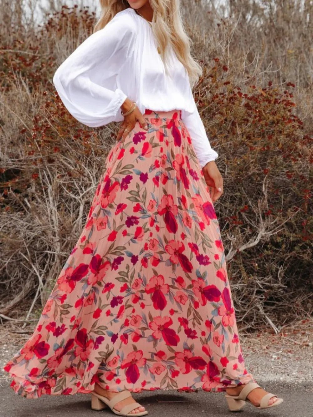 Printed Elastic Waist Pleated Maxi Skirt - Lookzlike