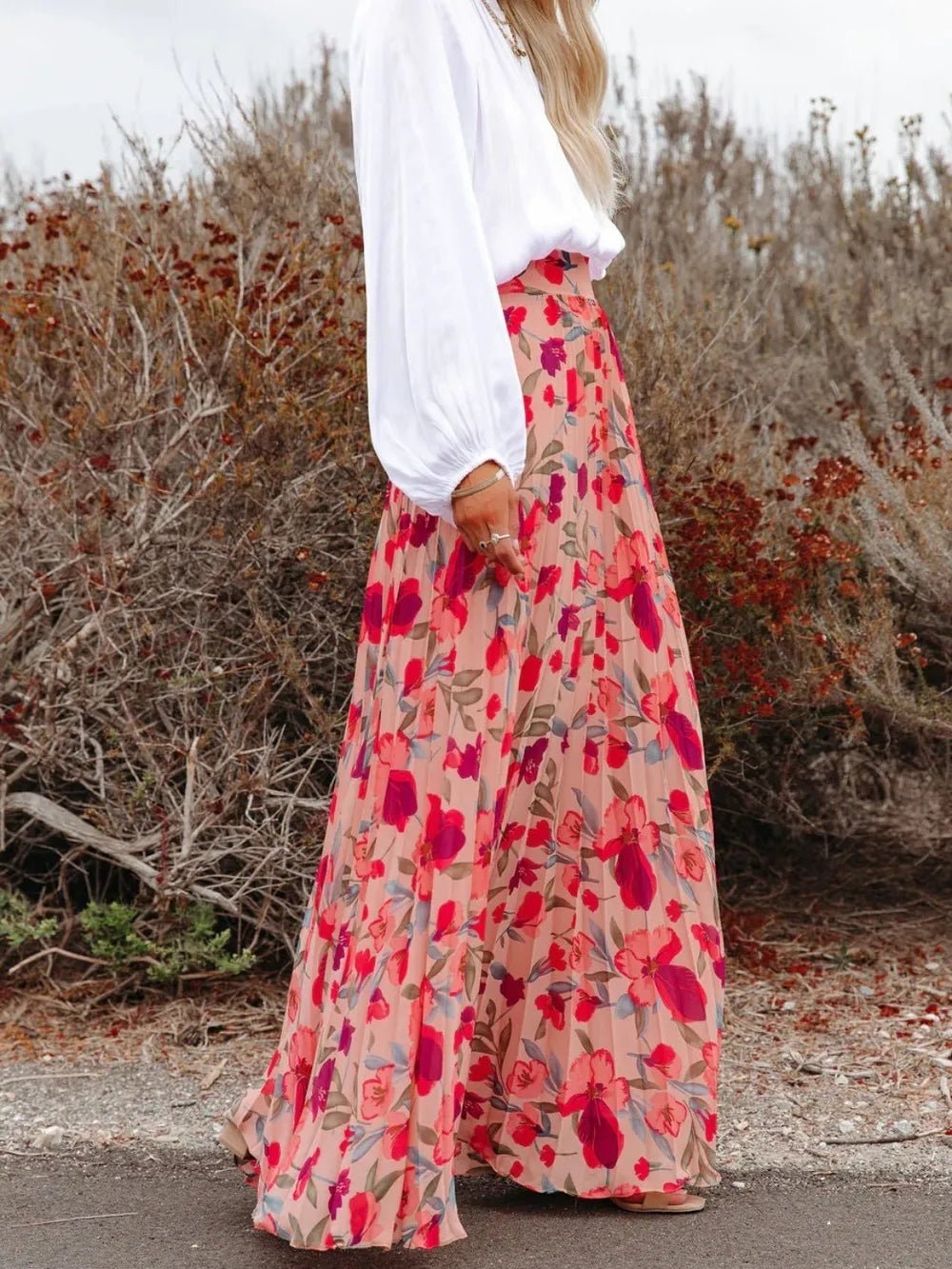 Printed Elastic Waist Pleated Maxi Skirt - Lookzlike