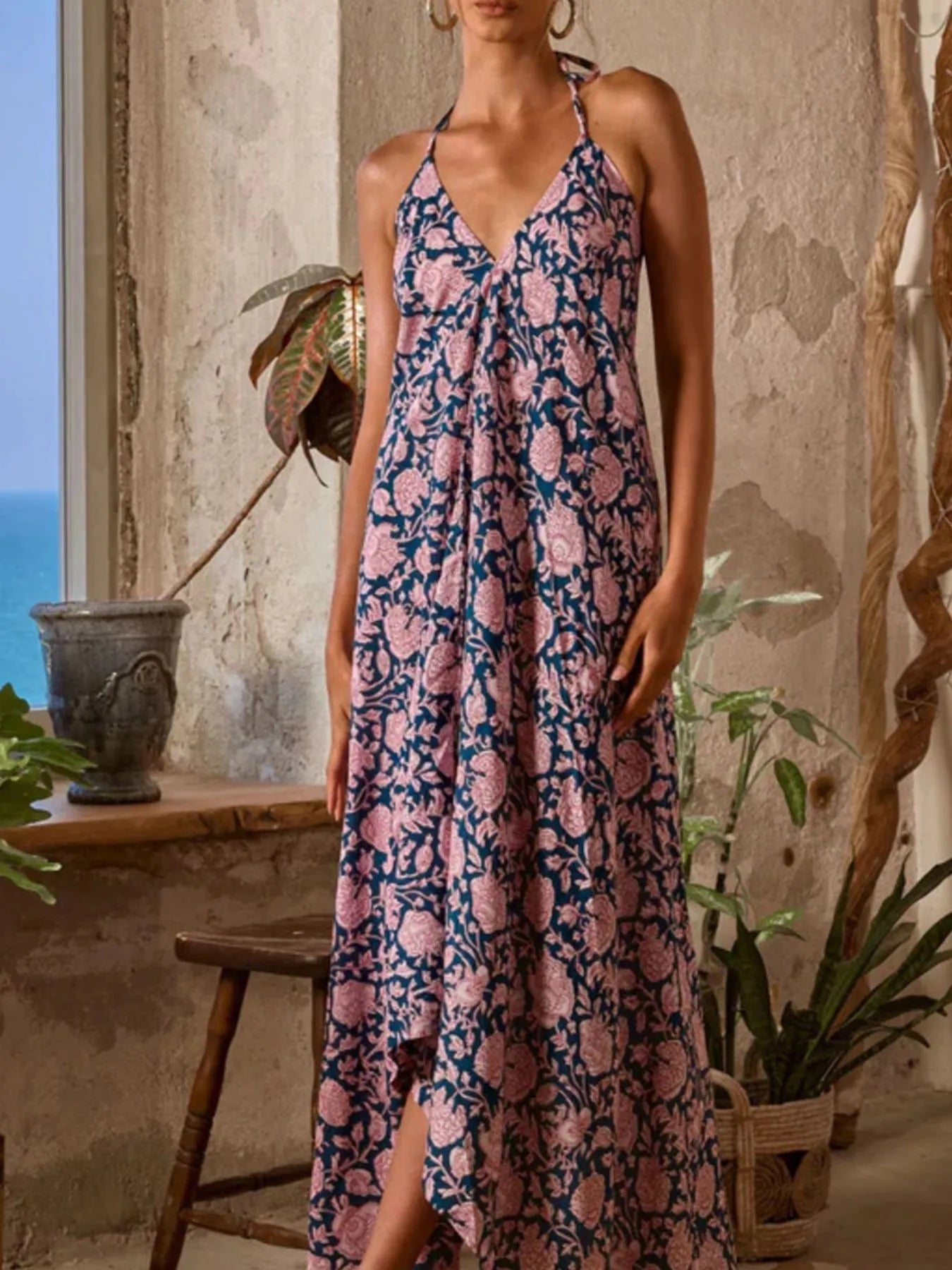 Printed Halter Neck Maxi Cami Dress - Lookzlike