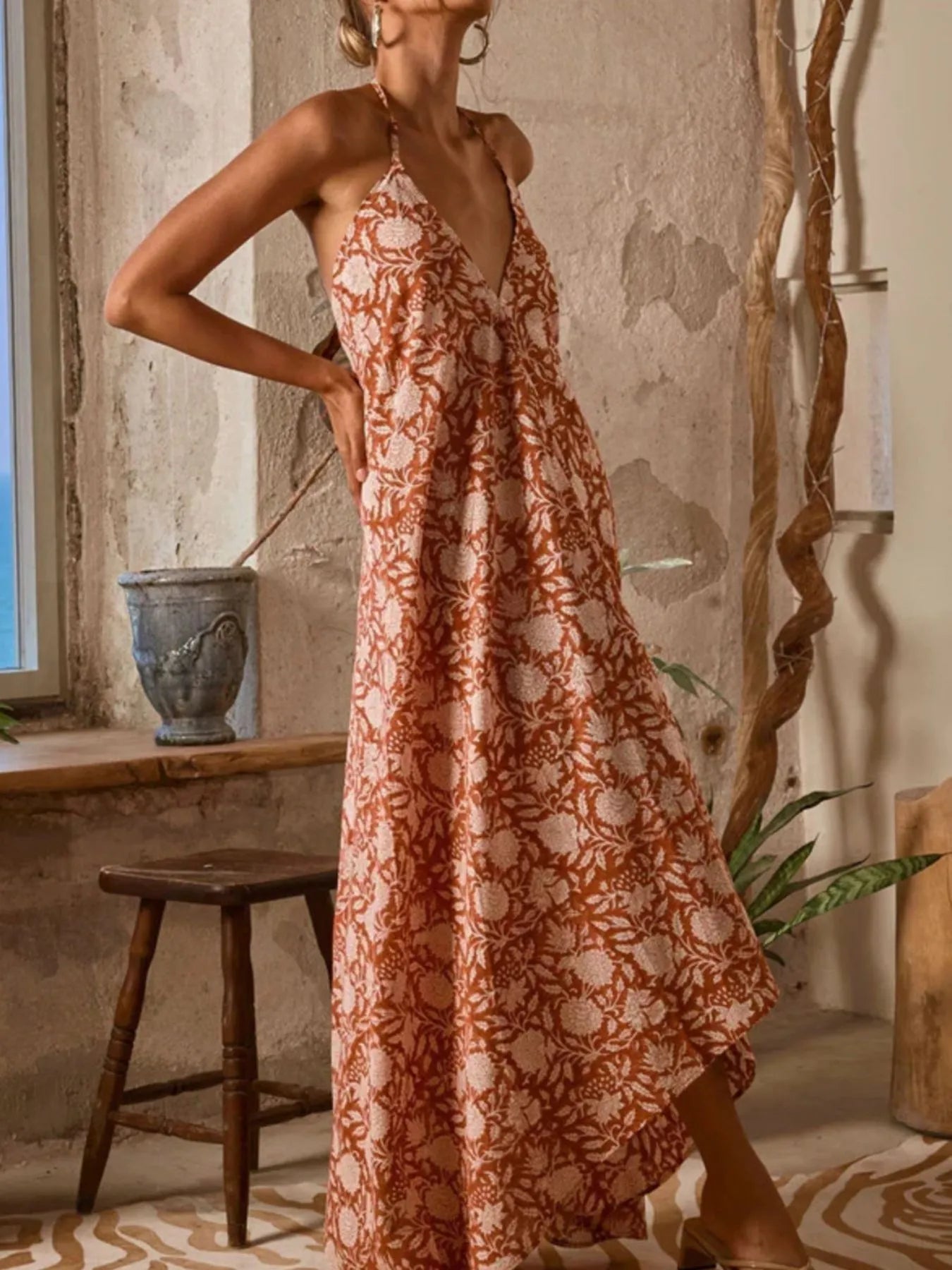 Printed Halter Neck Maxi Cami Dress - Lookzlike