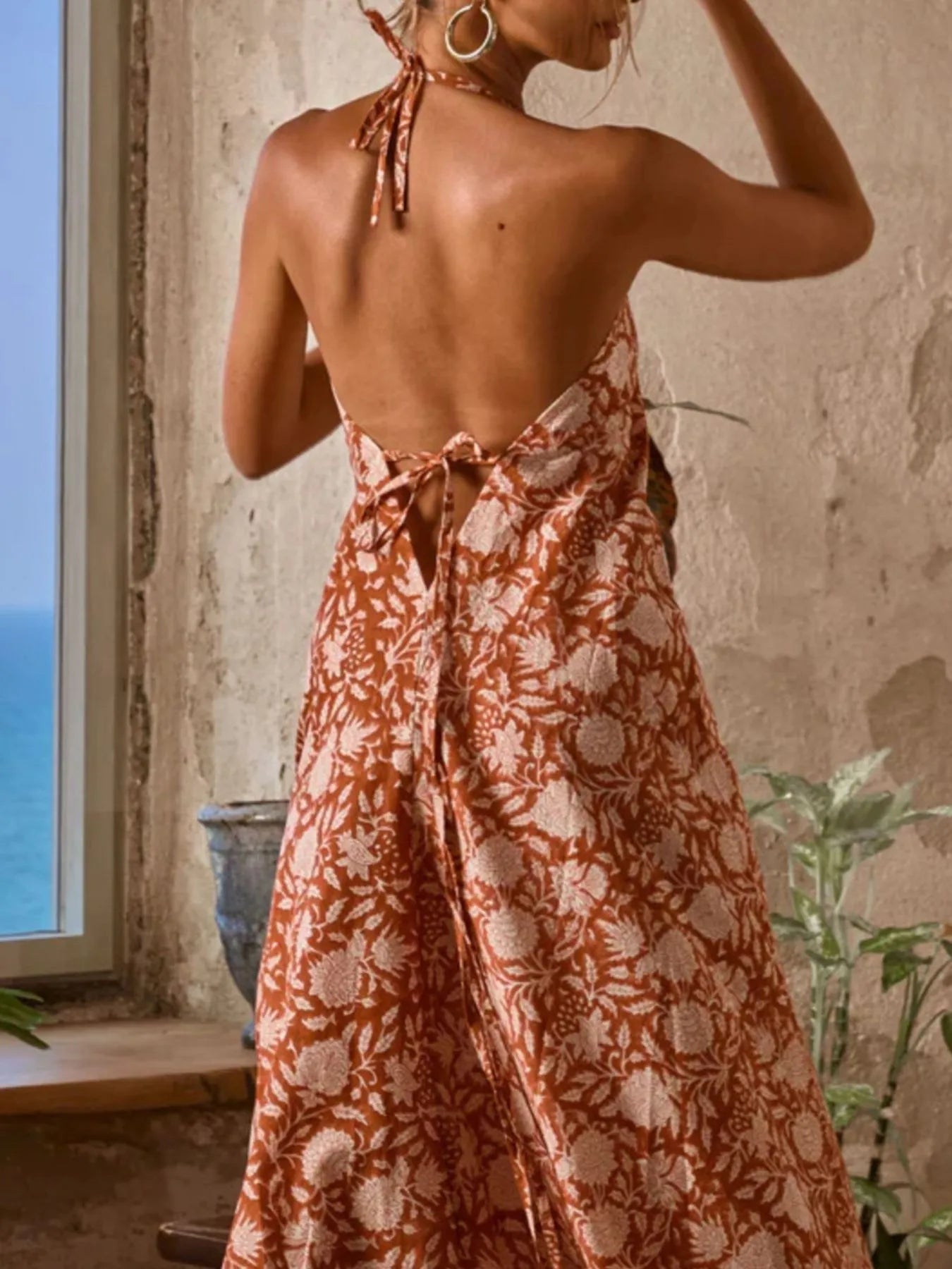Printed Halter Neck Maxi Cami Dress - Lookzlike