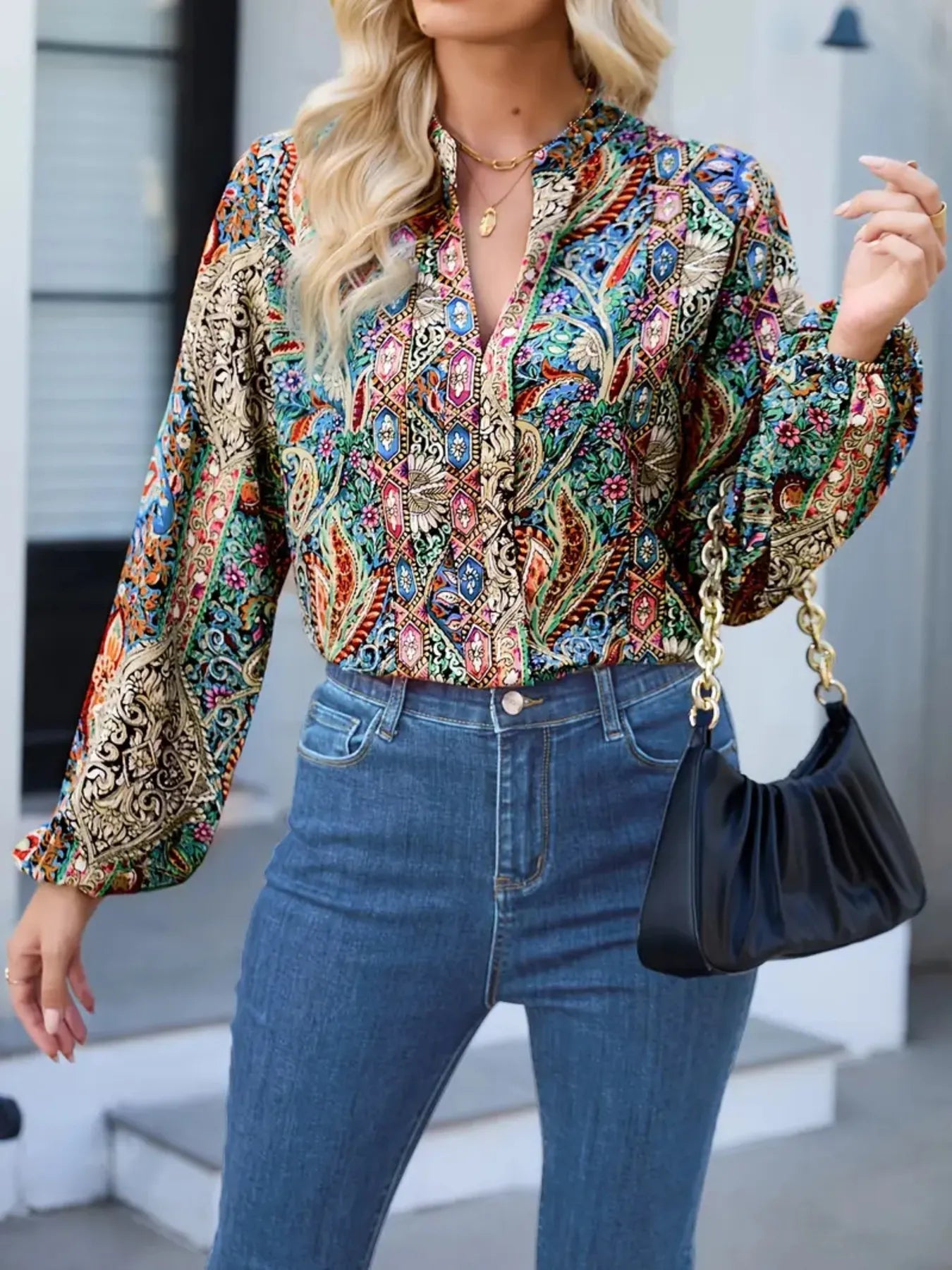 Printed Notched Balloon Sleeve Blouse designed for comfort and style at Lookzlike