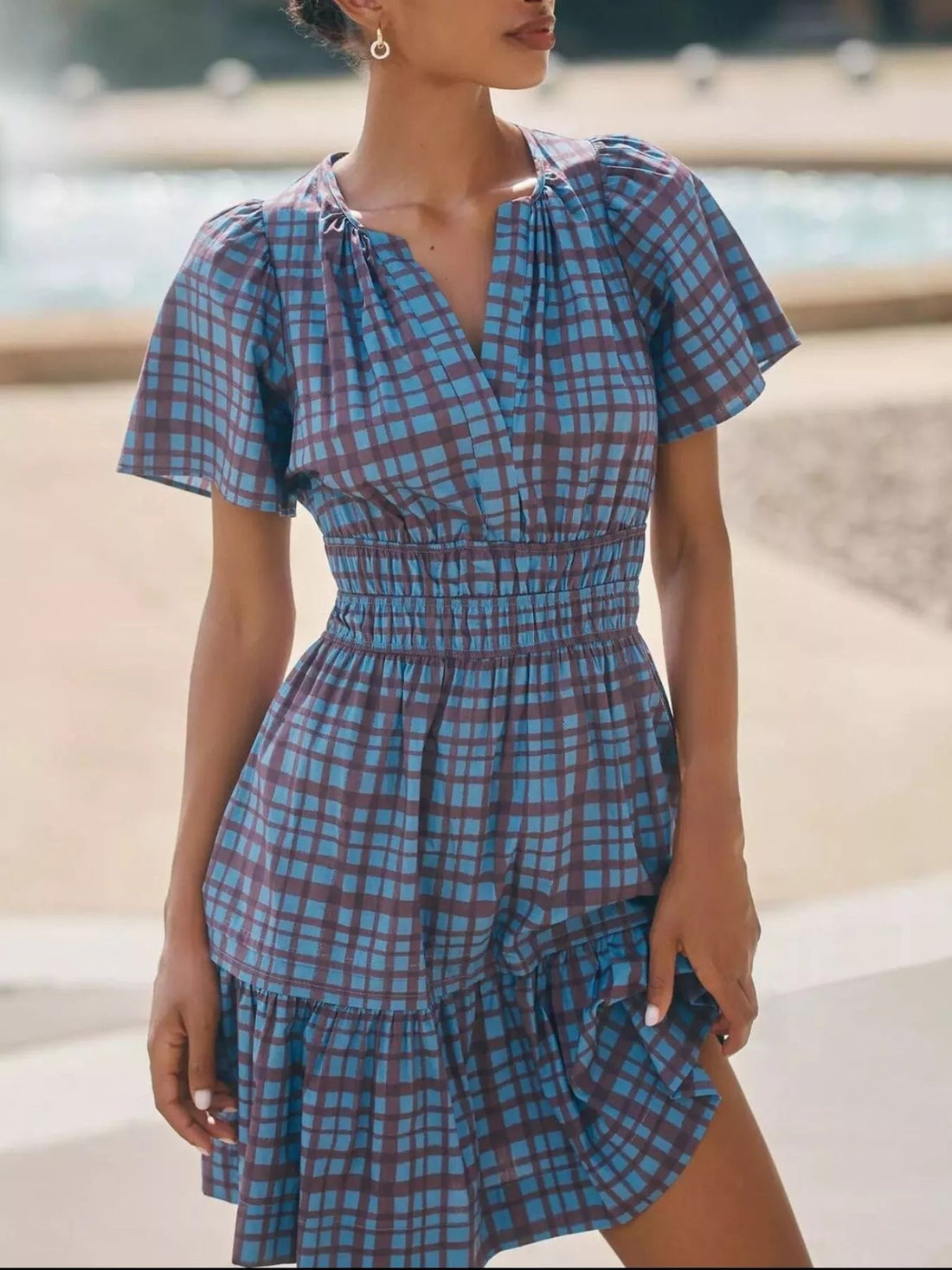 Printed Notched Short Sleeve Dress designed for comfort and style at Lookzlike