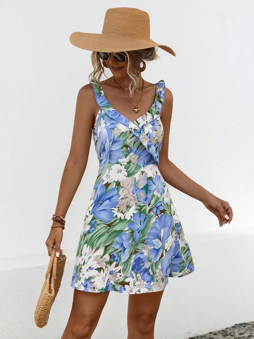 Printed Ruffled Surplice Wide Strap Mini Dress - Lookzlike
