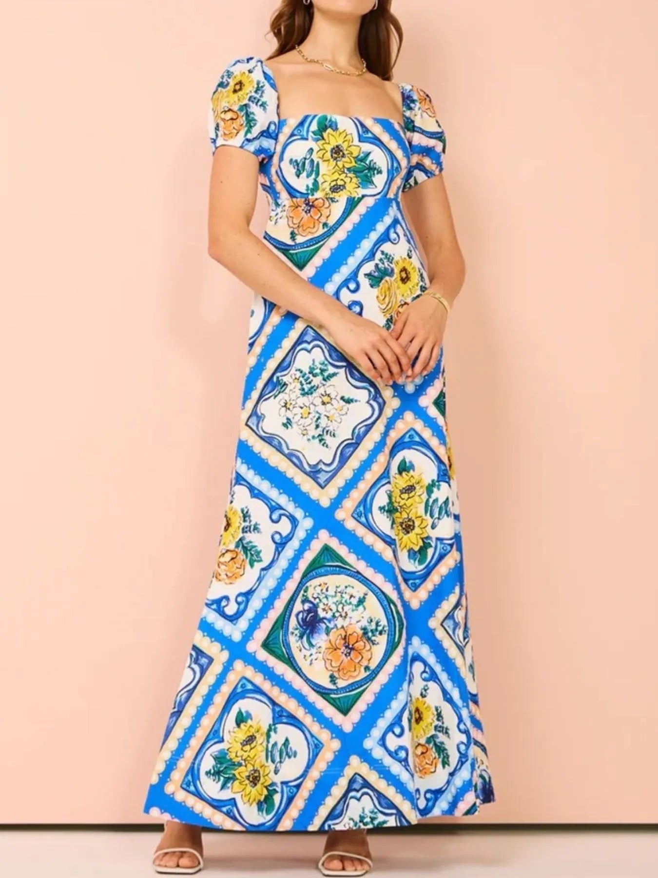 Printed Square Neck Puff Sleeve Maxi Dress - Lookzlike