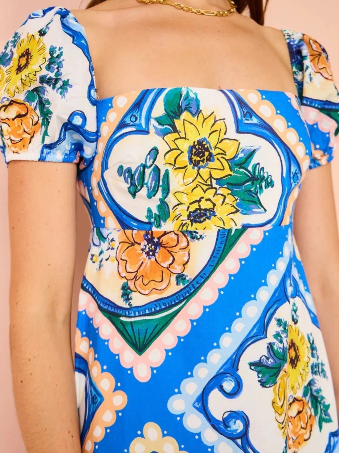 Printed Square Neck Puff Sleeve Maxi Dress - Lookzlike