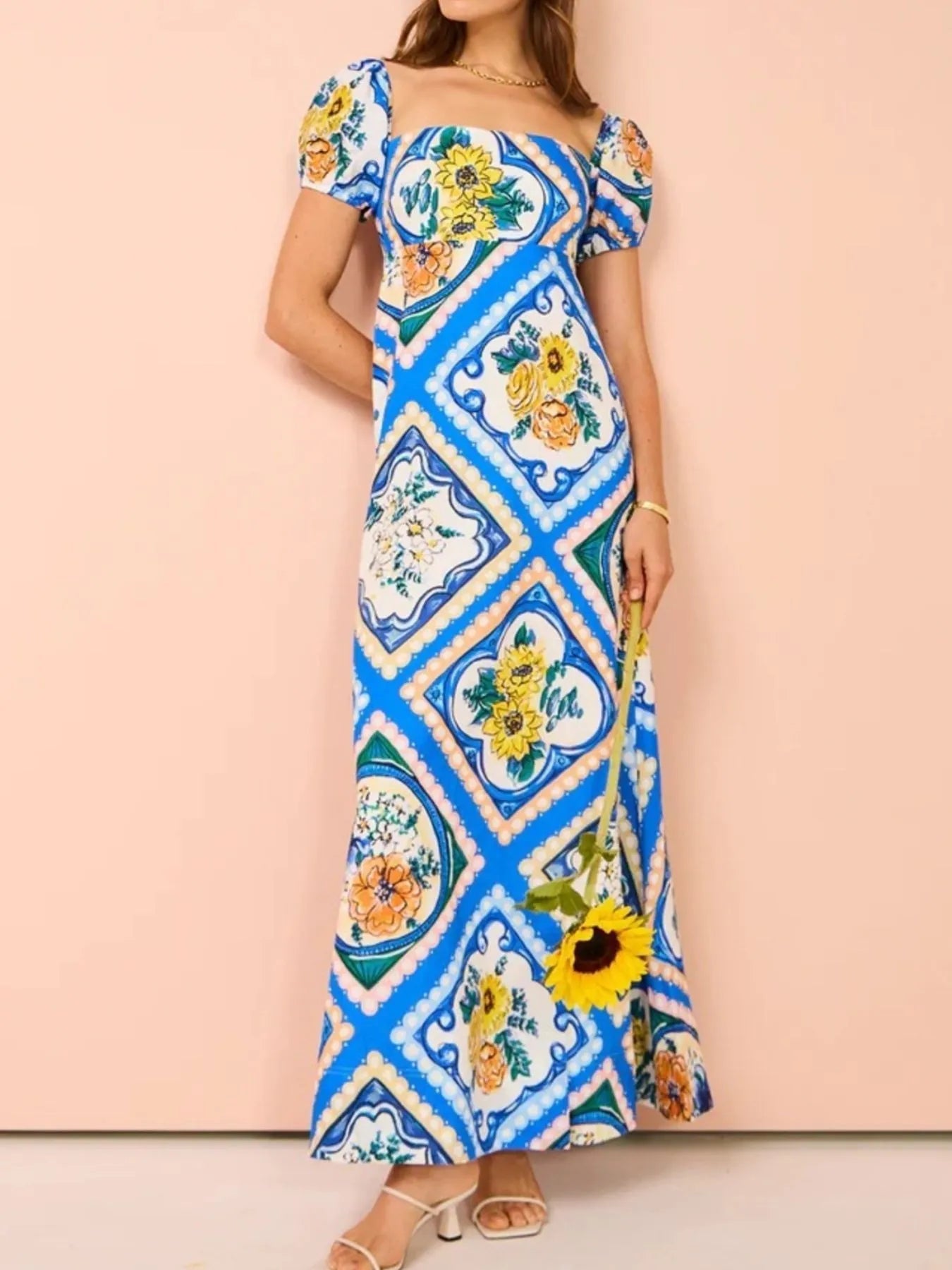 Printed Square Neck Puff Sleeve Maxi Dress - Lookzlike