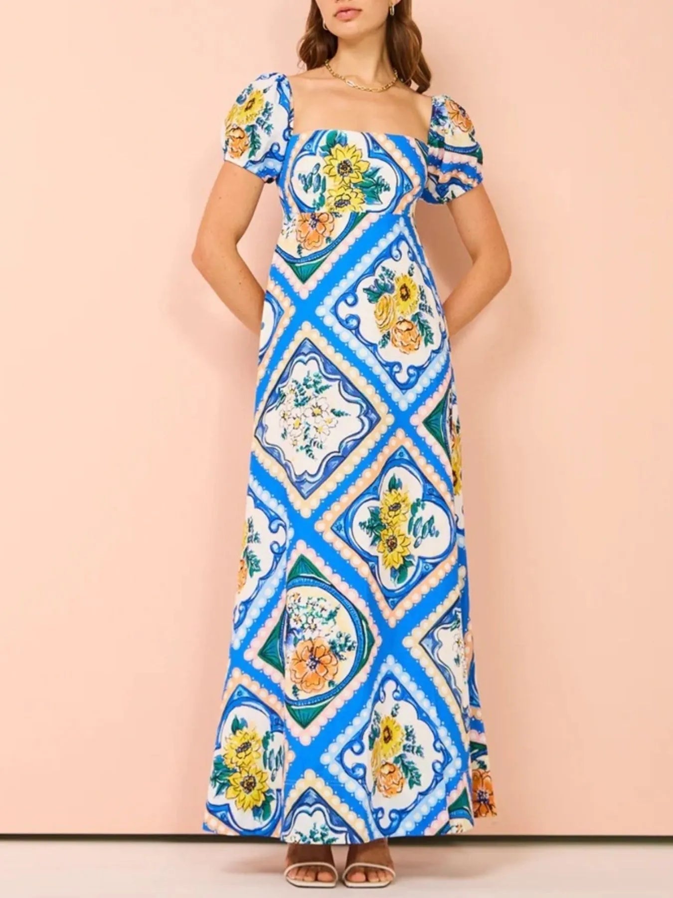 Printed Square Neck Puff Sleeve Maxi Dress - Lookzlike